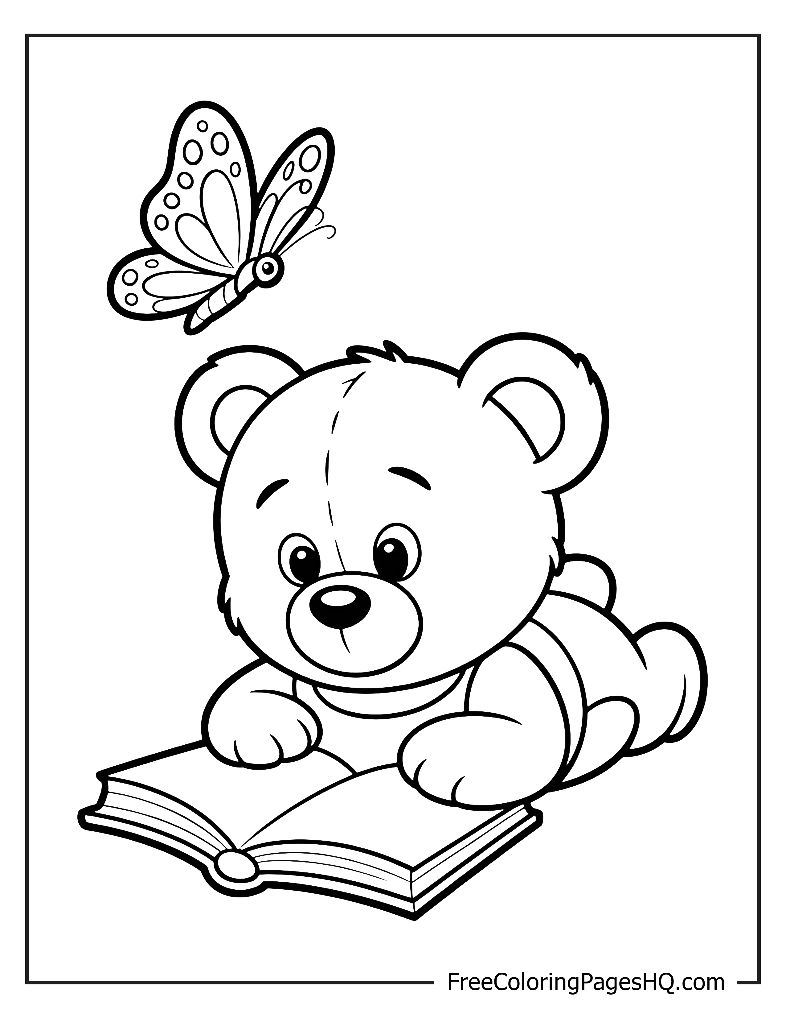 Teddy bear reading a book with a butterfly overhead.
