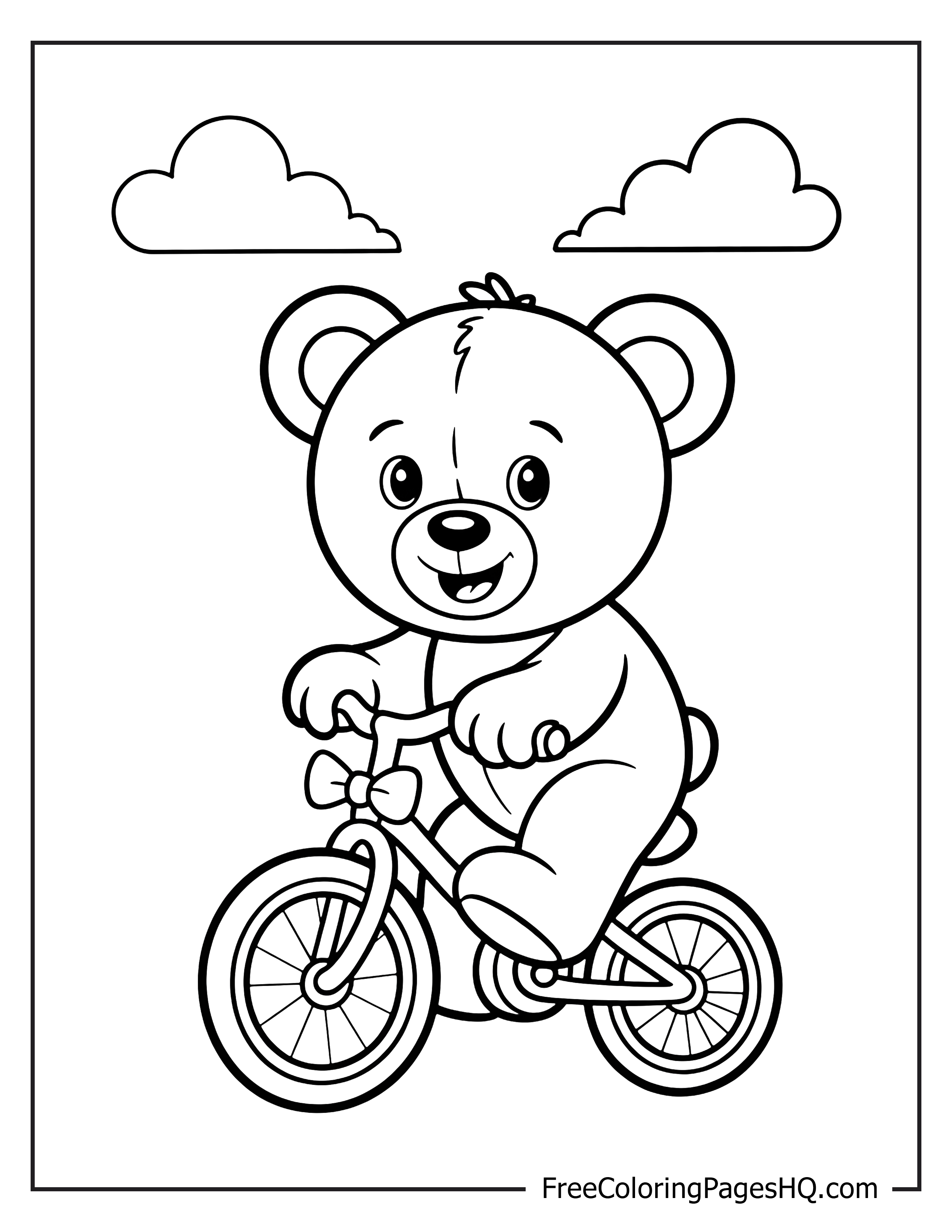Teddy bear on a bicycle with clouds in the background.