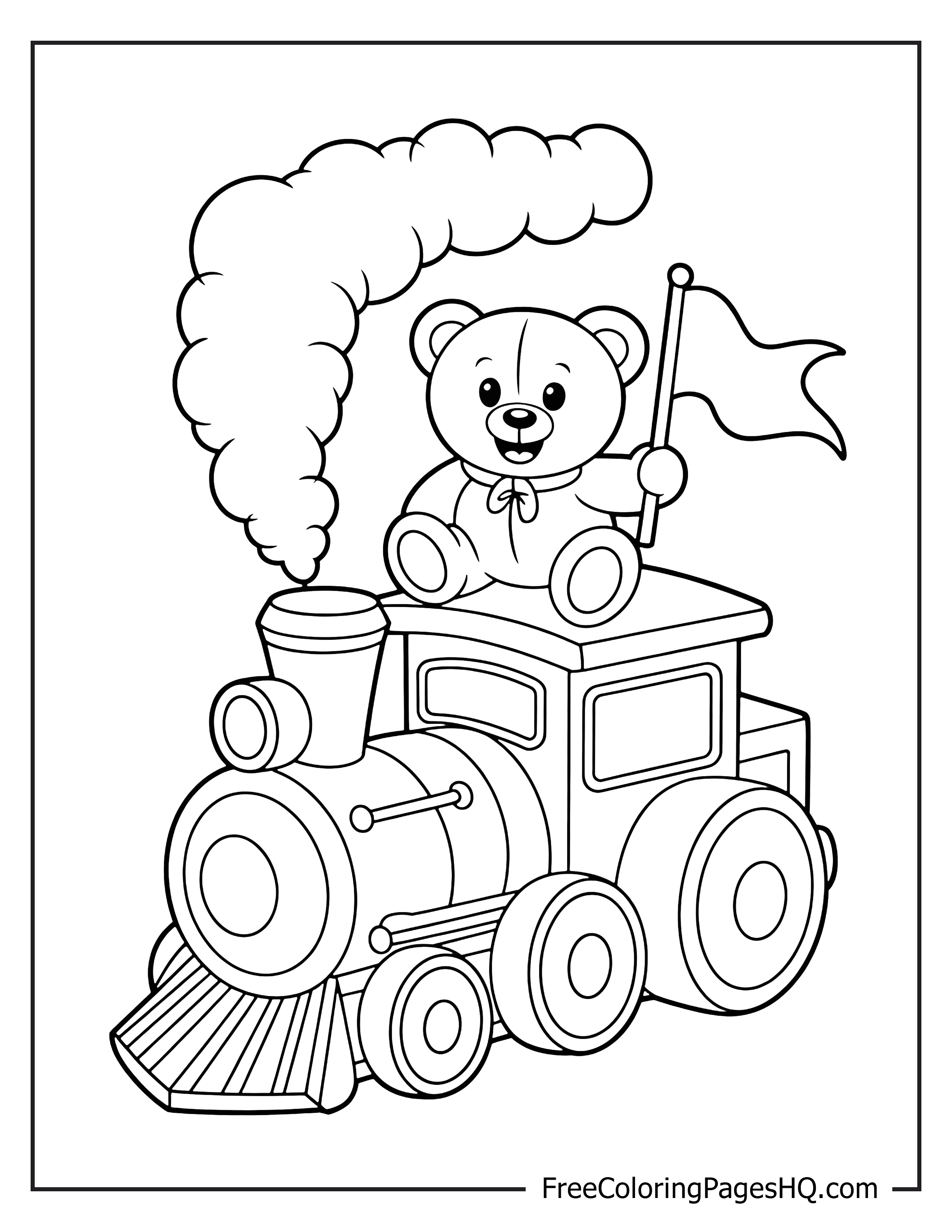 A teddy bear happily rides on top of a steam engine train.