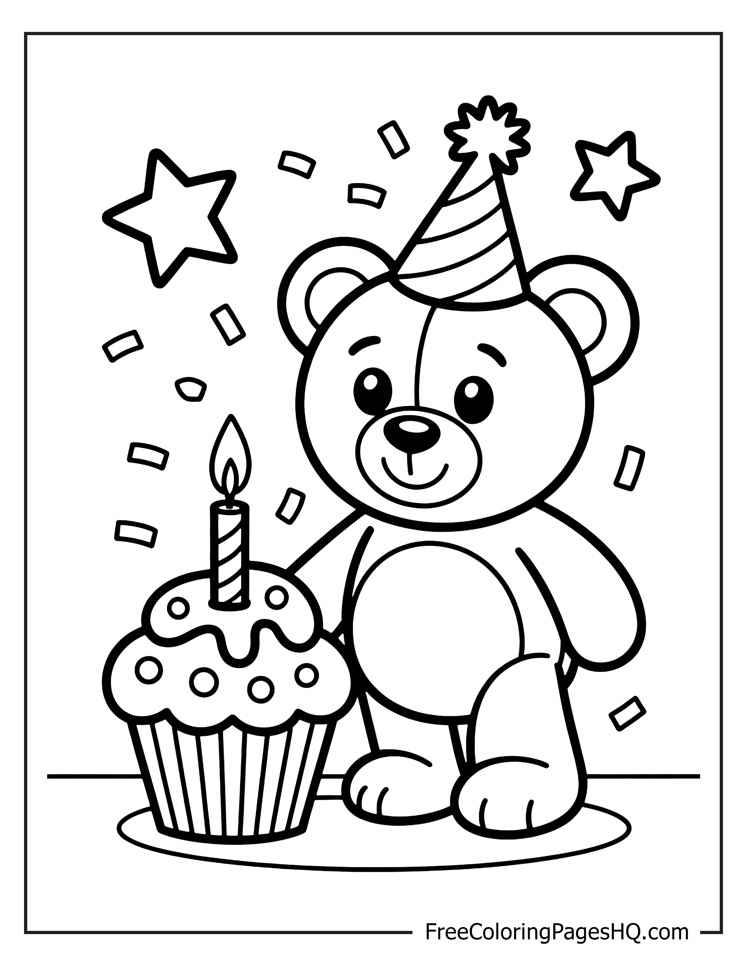 Teddy bear with cupcake and party decorations.