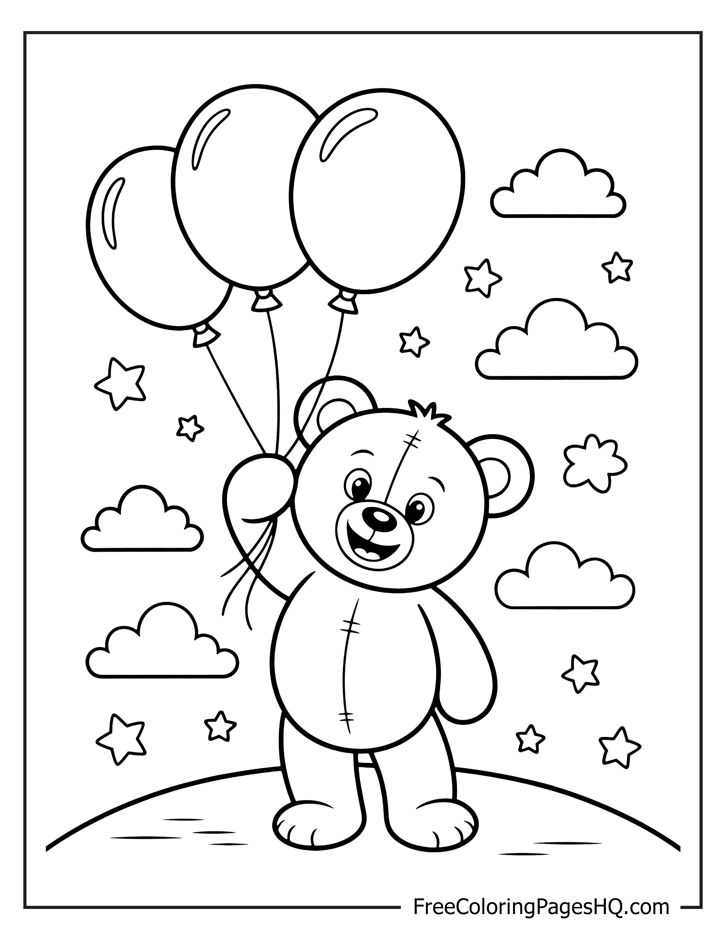 Teddy bear with balloons among stars and clouds.