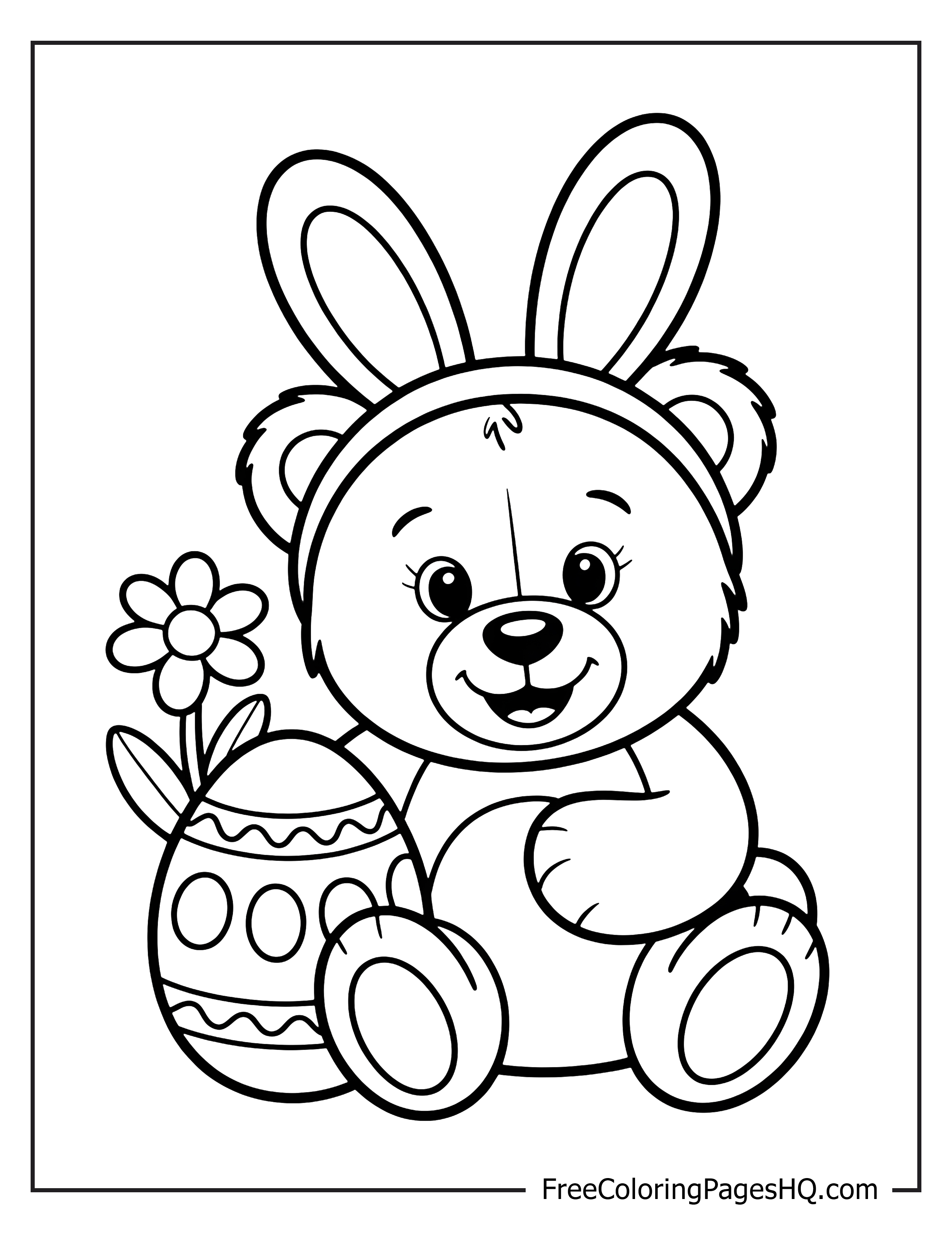 Teddy bear wearing bunny ears with an Easter egg and flower.