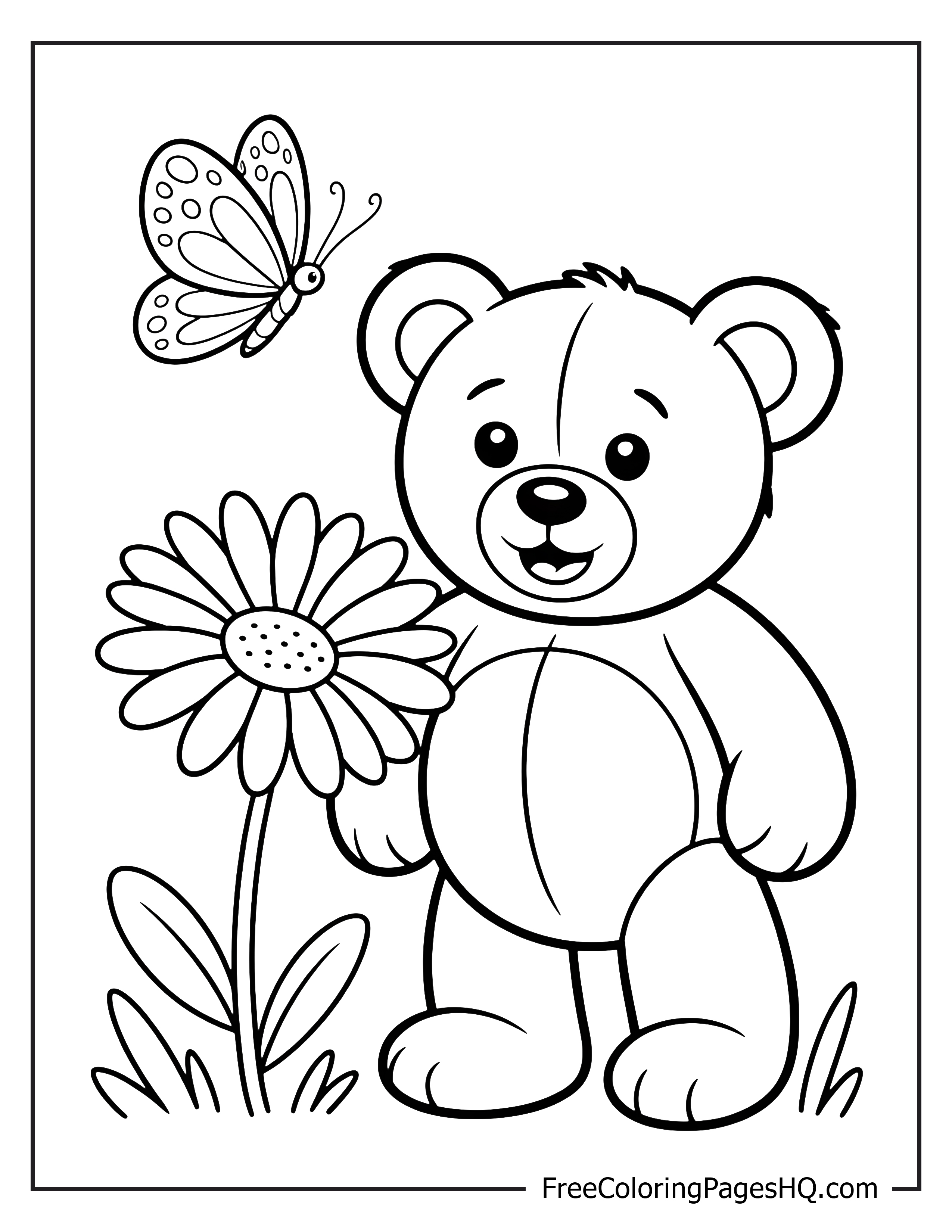 Teddy bear, flower, and butterfly in a cute scene.