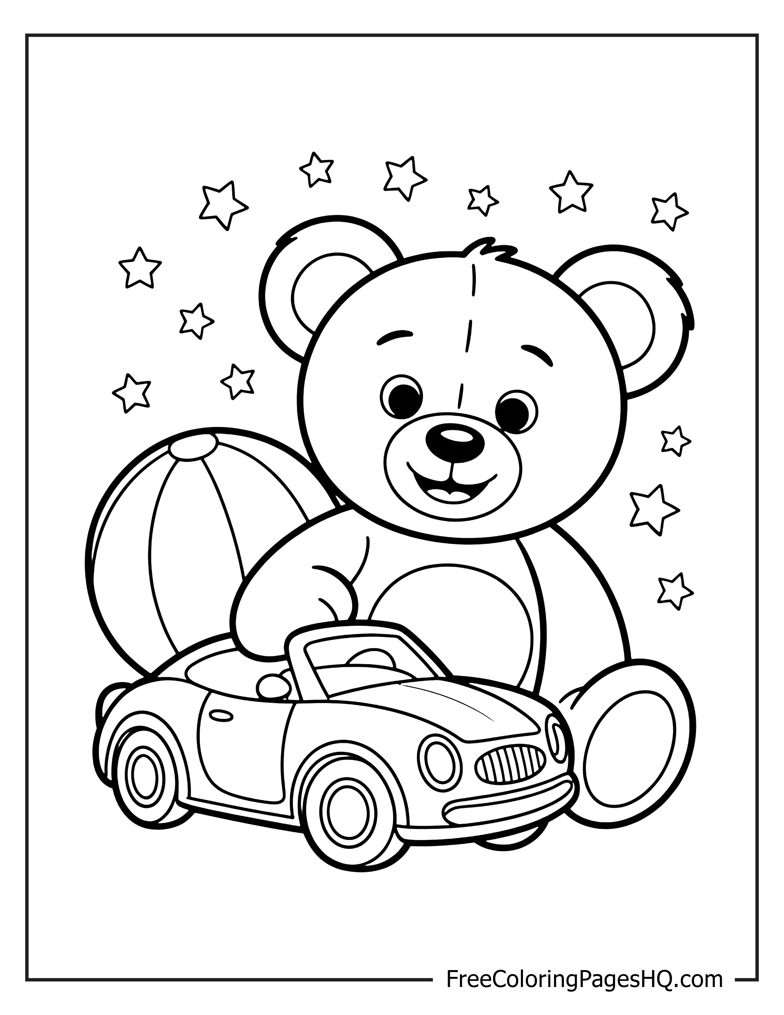 Teddy bear with toy car and stars illustration.