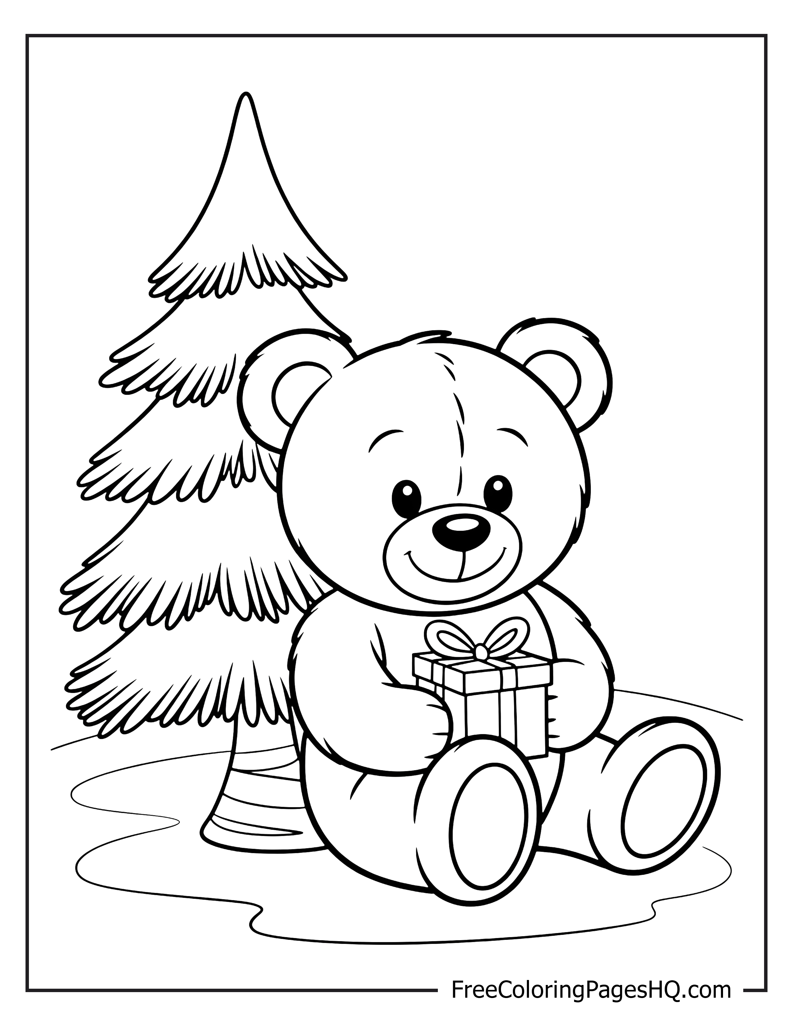 A teddy bear holding a gift near a pine tree.