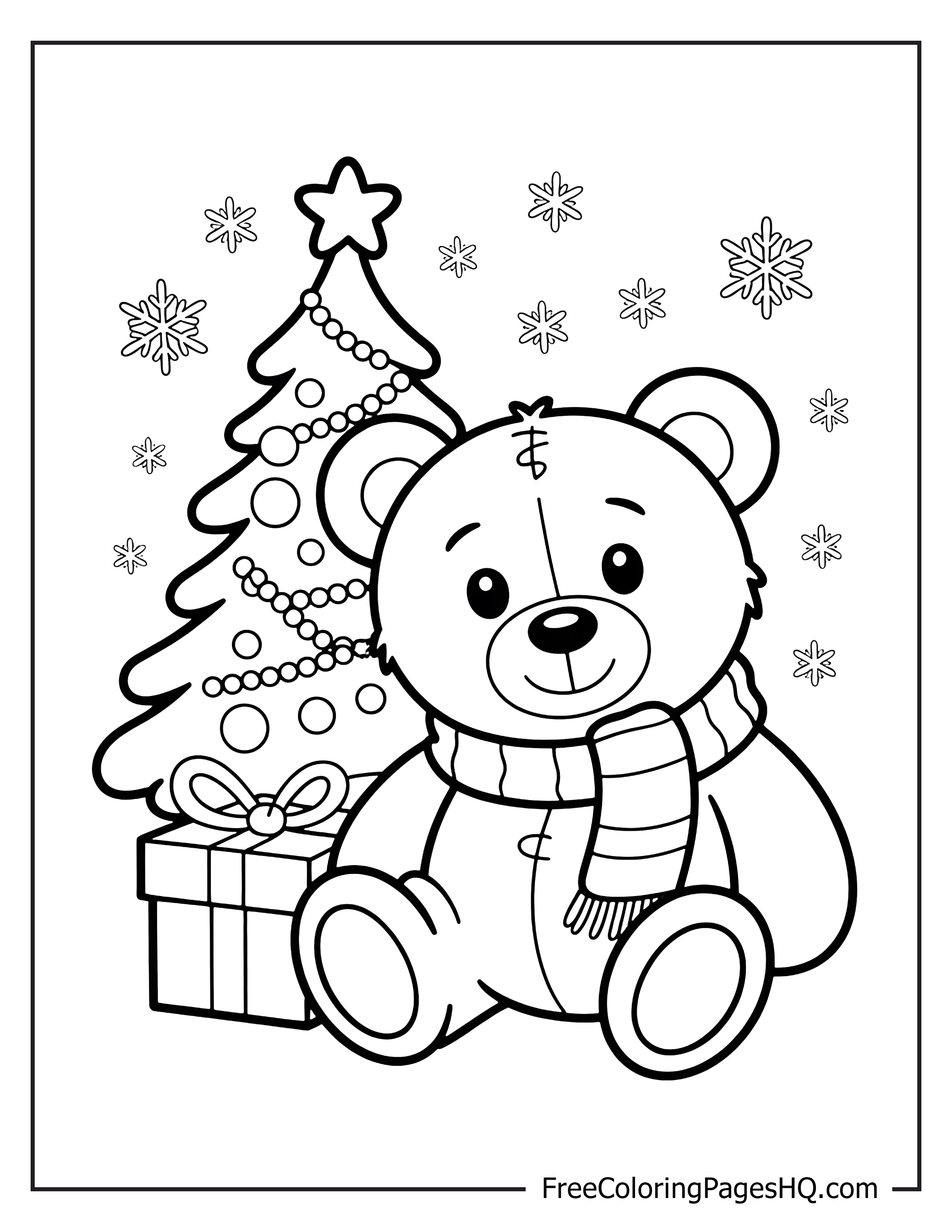 Teddy bear with Christmas tree and gift illustration.