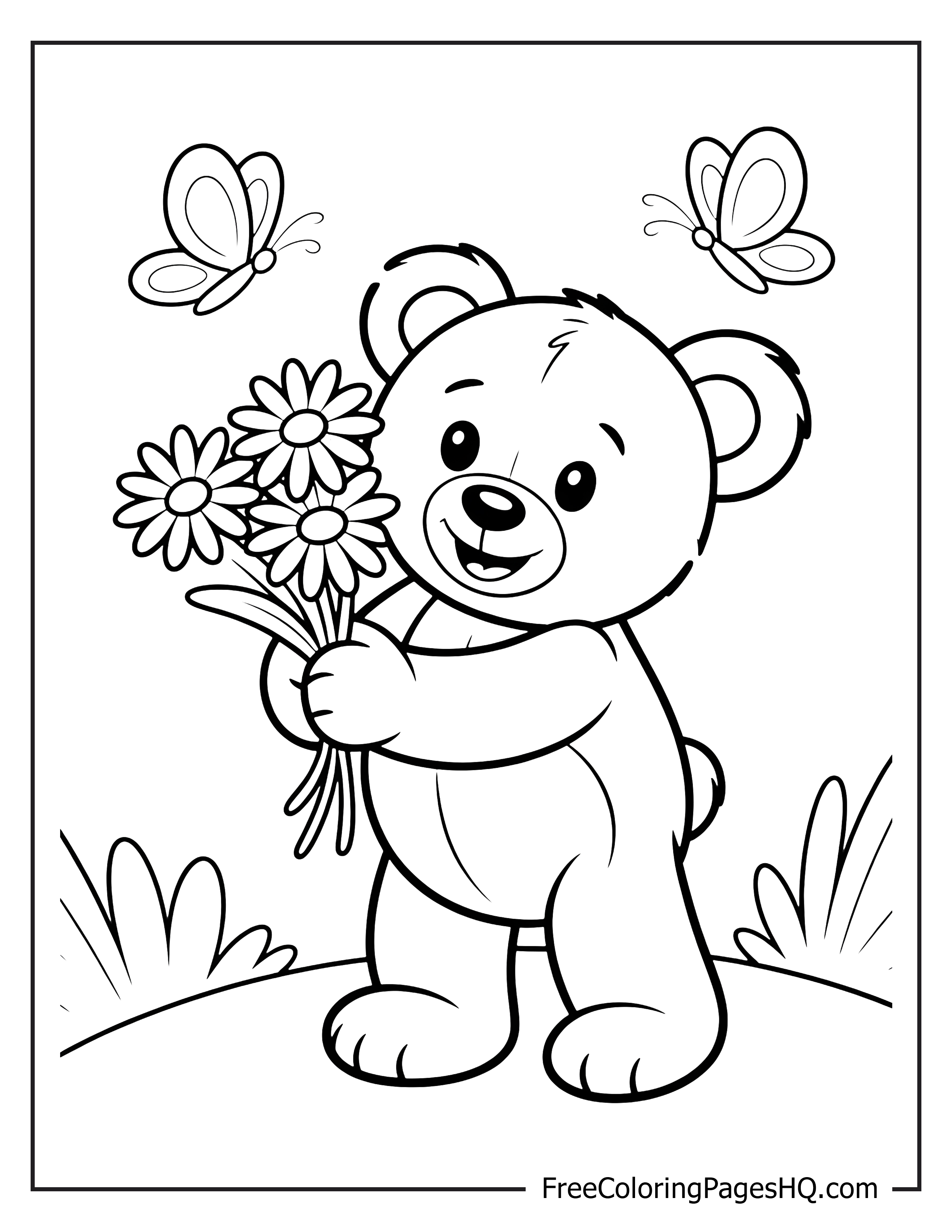 A teddy bear joyfully holding flowers with butterflies around.