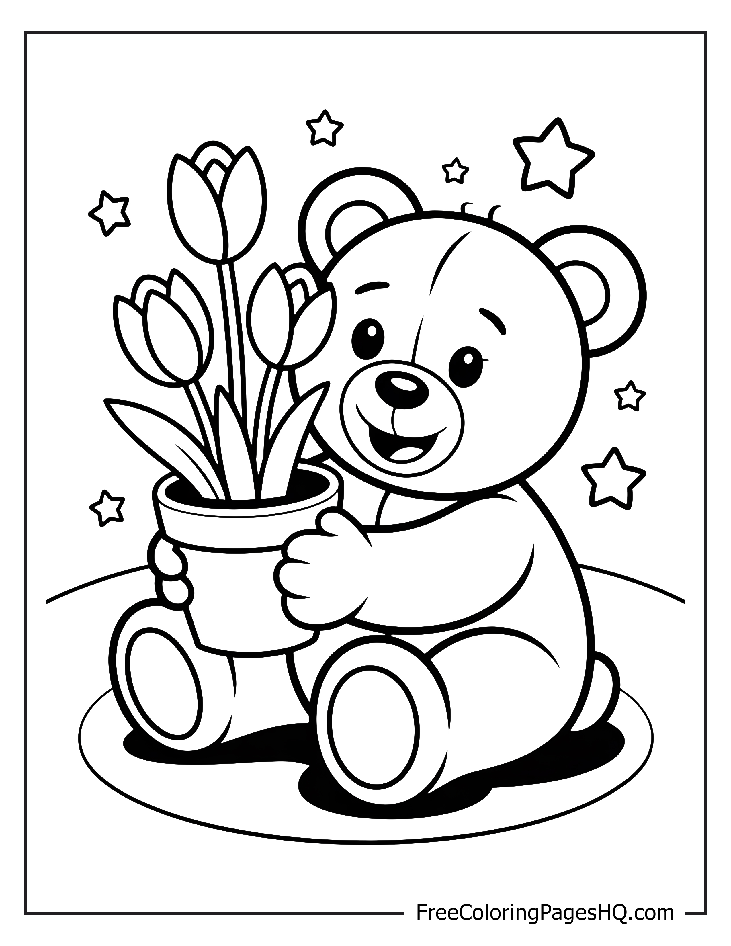Teddy bear holding flowers with stars around.