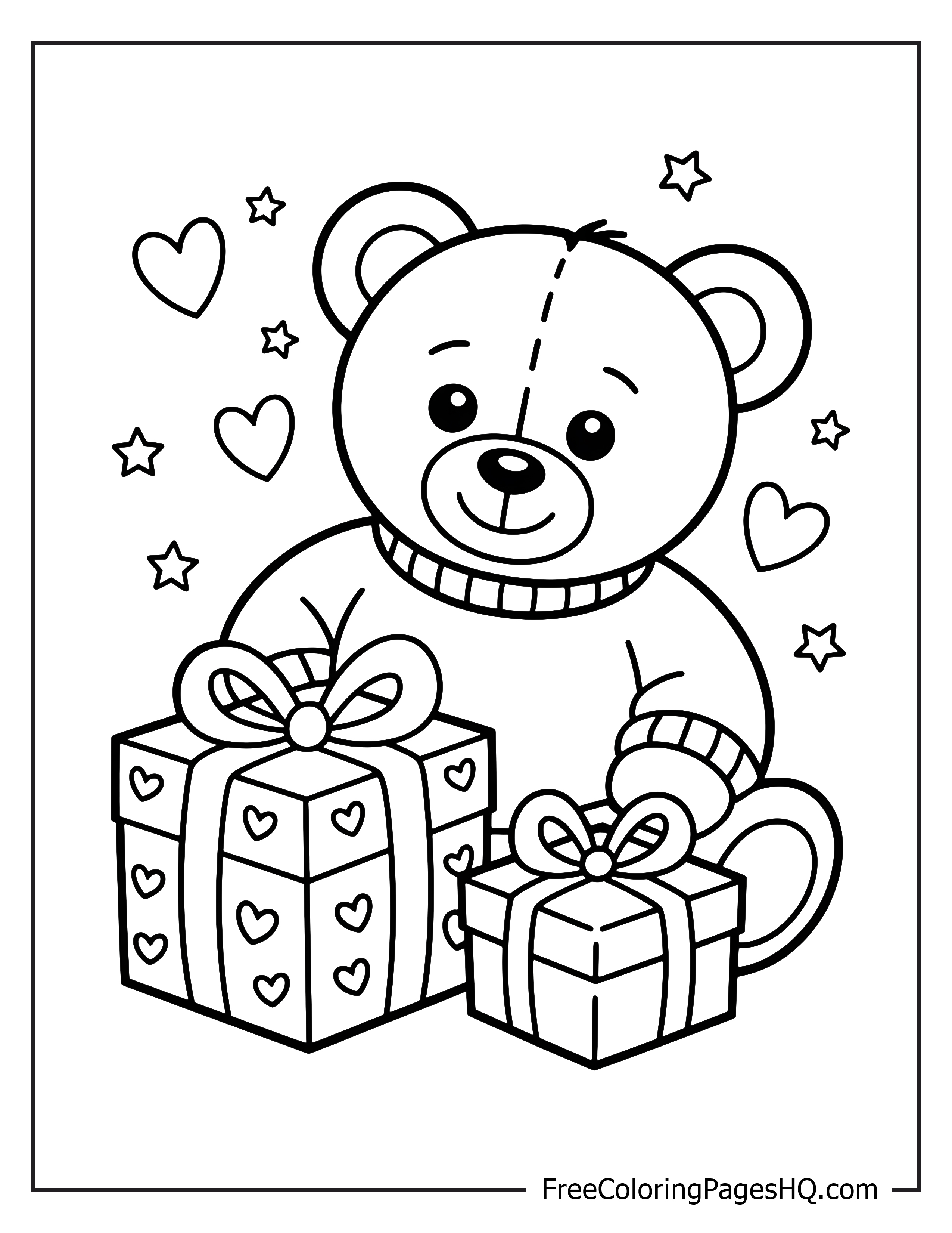 Adorable teddy bear with gifts, stars, and hearts illustration.