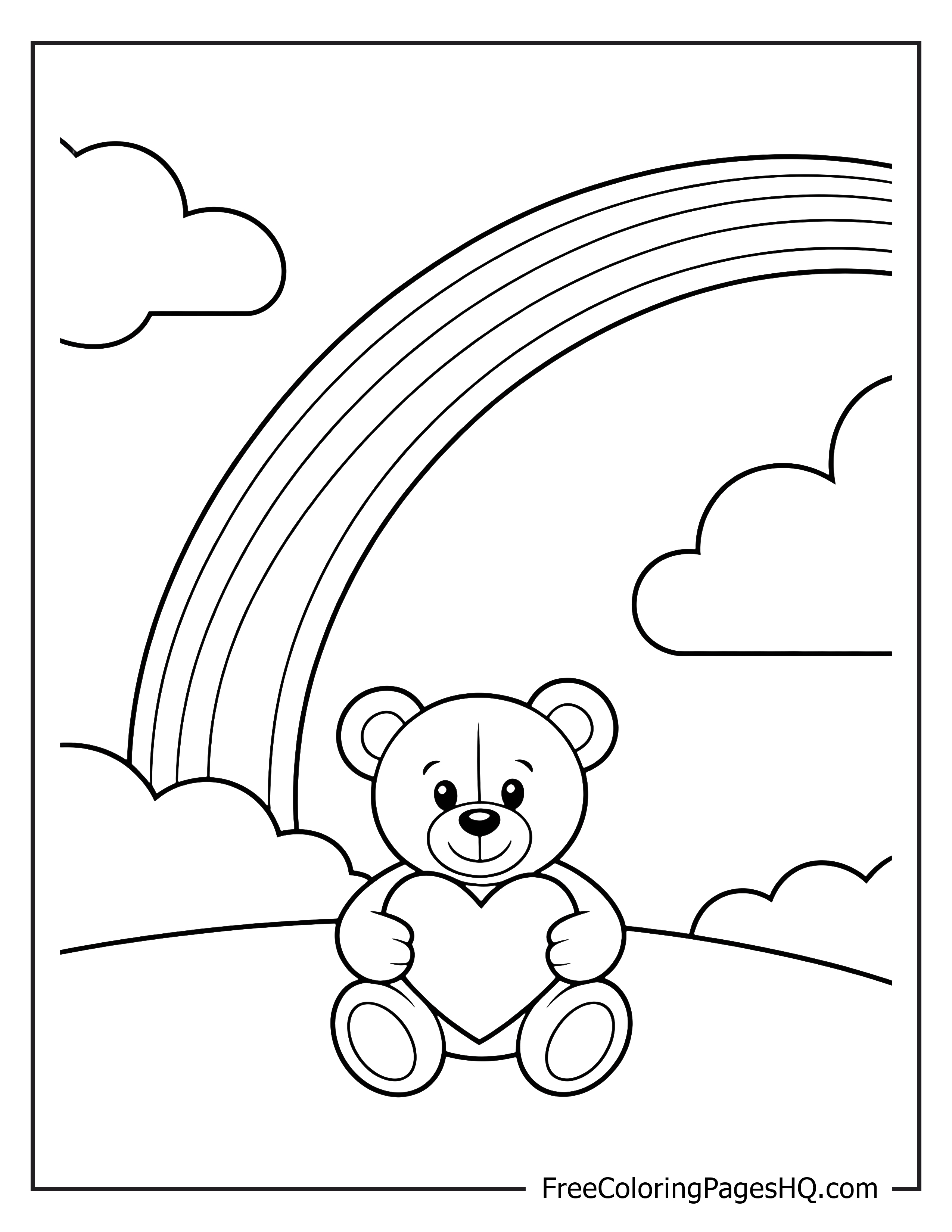 Teddy bear with a heart under a rainbow illustration.