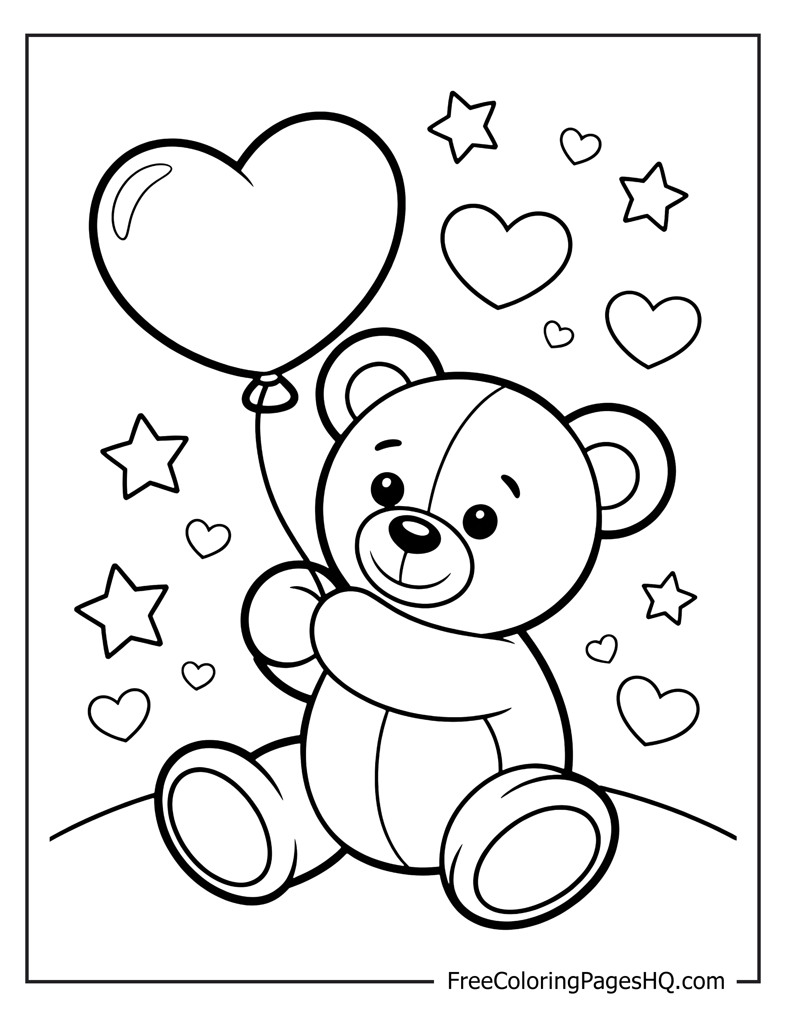 Teddy bear hugging a heart balloon with stars.