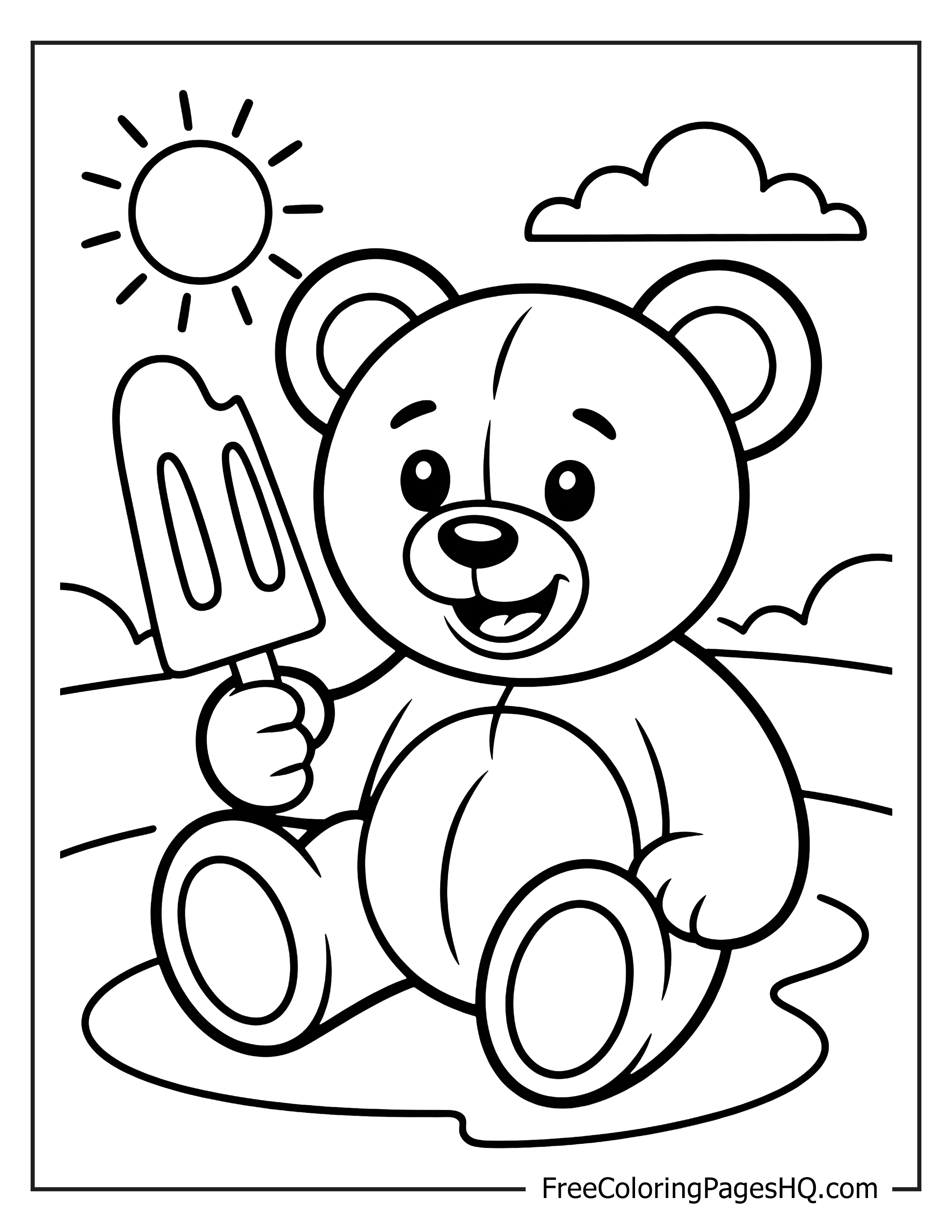 Cute teddy bear enjoying an ice cream outdoors.