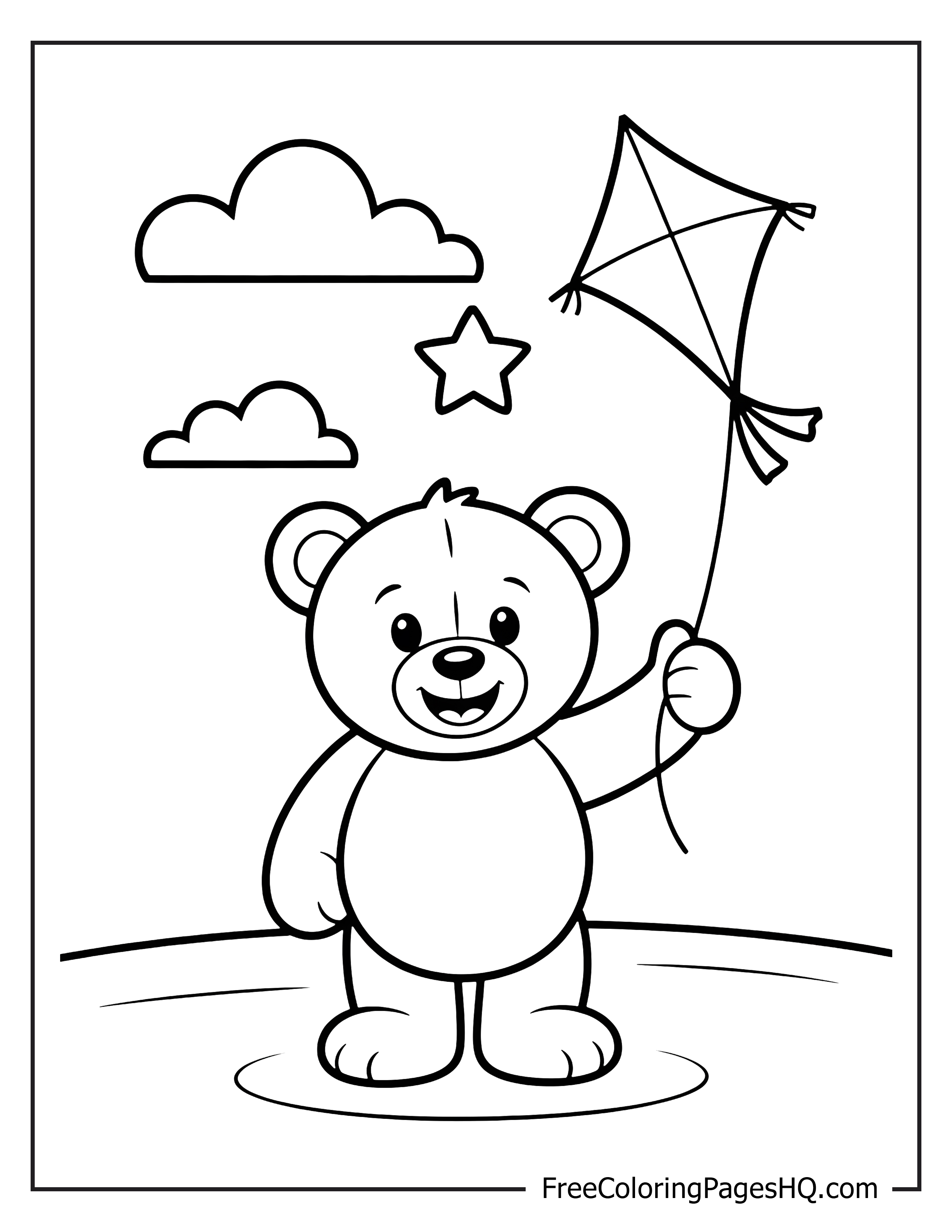 Teddy bear holding a kite under clouds and a star.