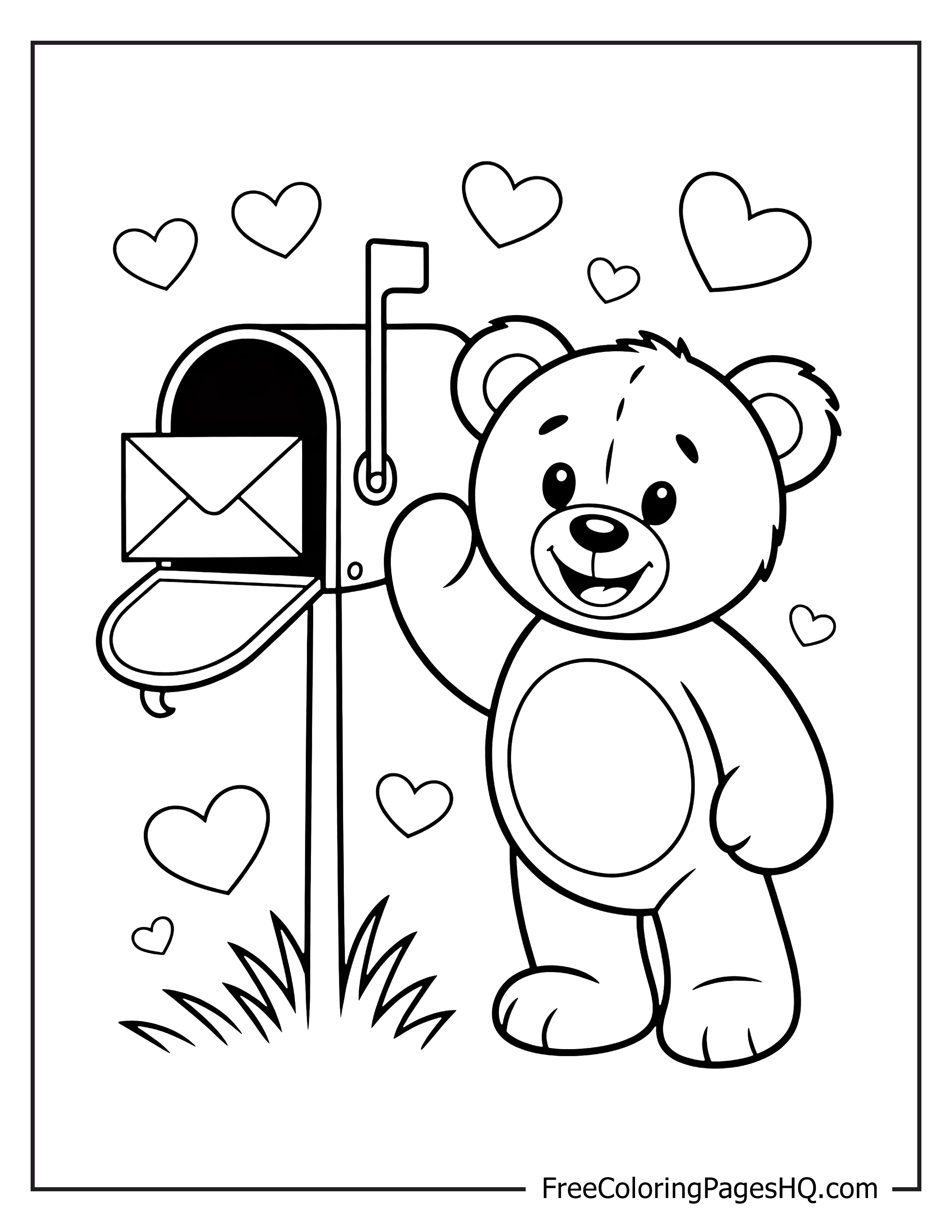 Teddy bear with a mailbox and hearts illustration.