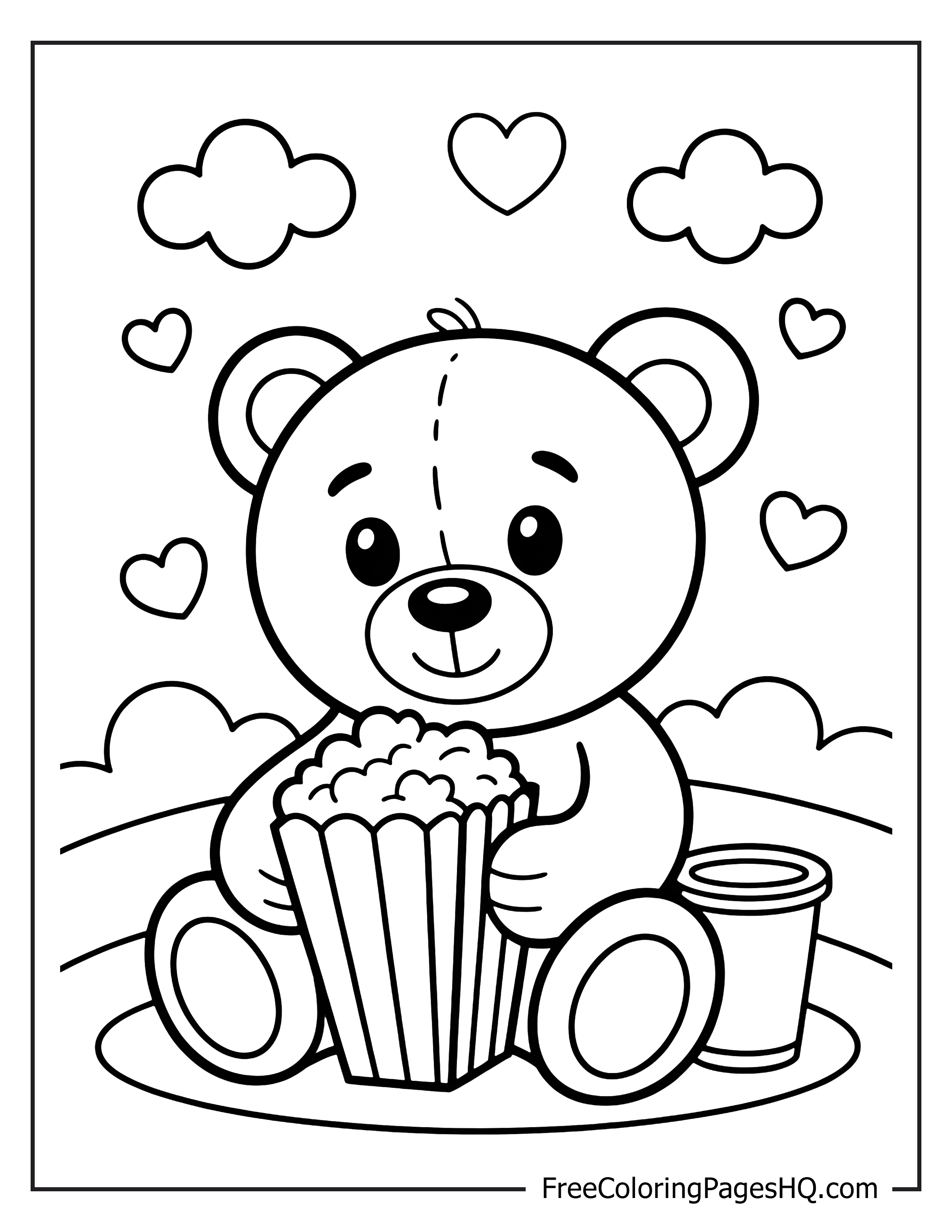 Adorable teddy bear enjoying snacks with hearts and clouds around.