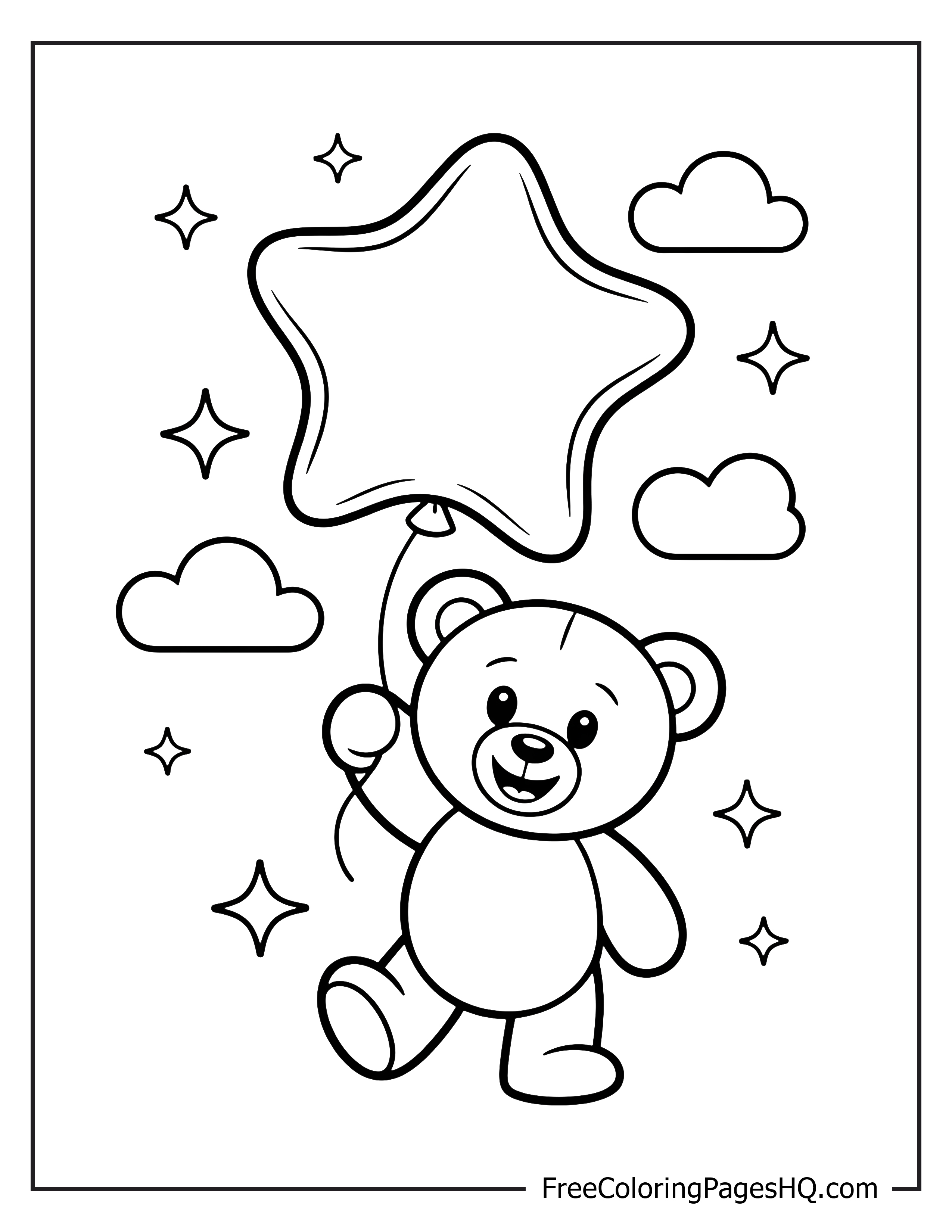 Teddy bear carrying a star balloon among clouds and stars.