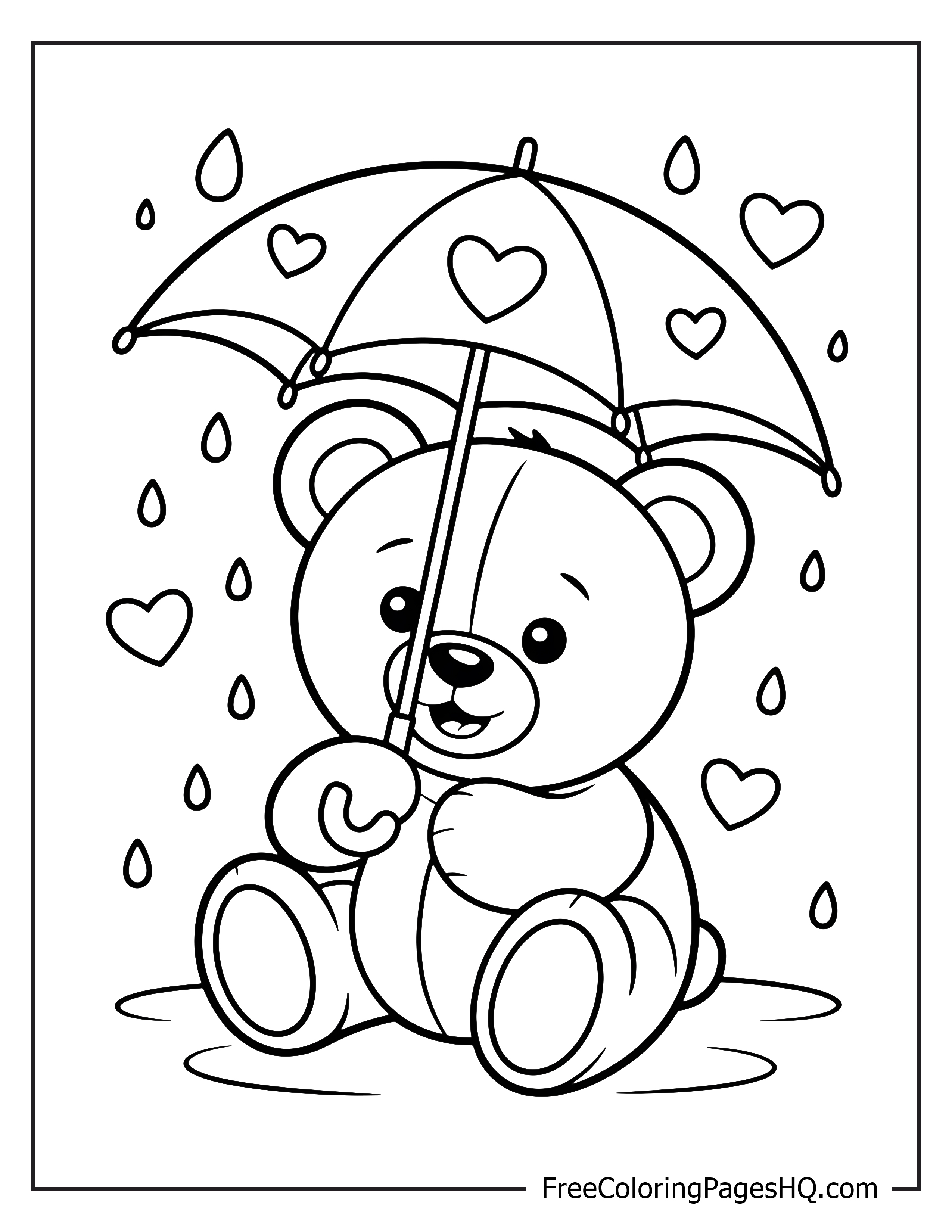 Teddy bear under an umbrella with heart rain.