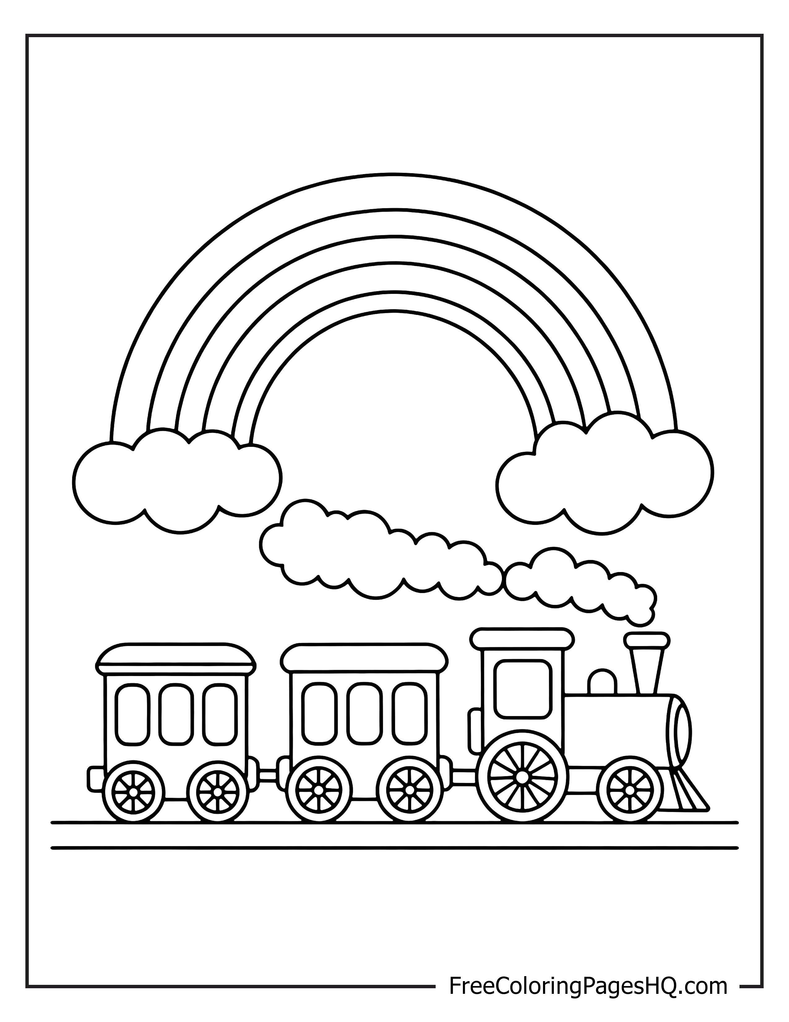 Steam train illustration under a rainbow for kids.
