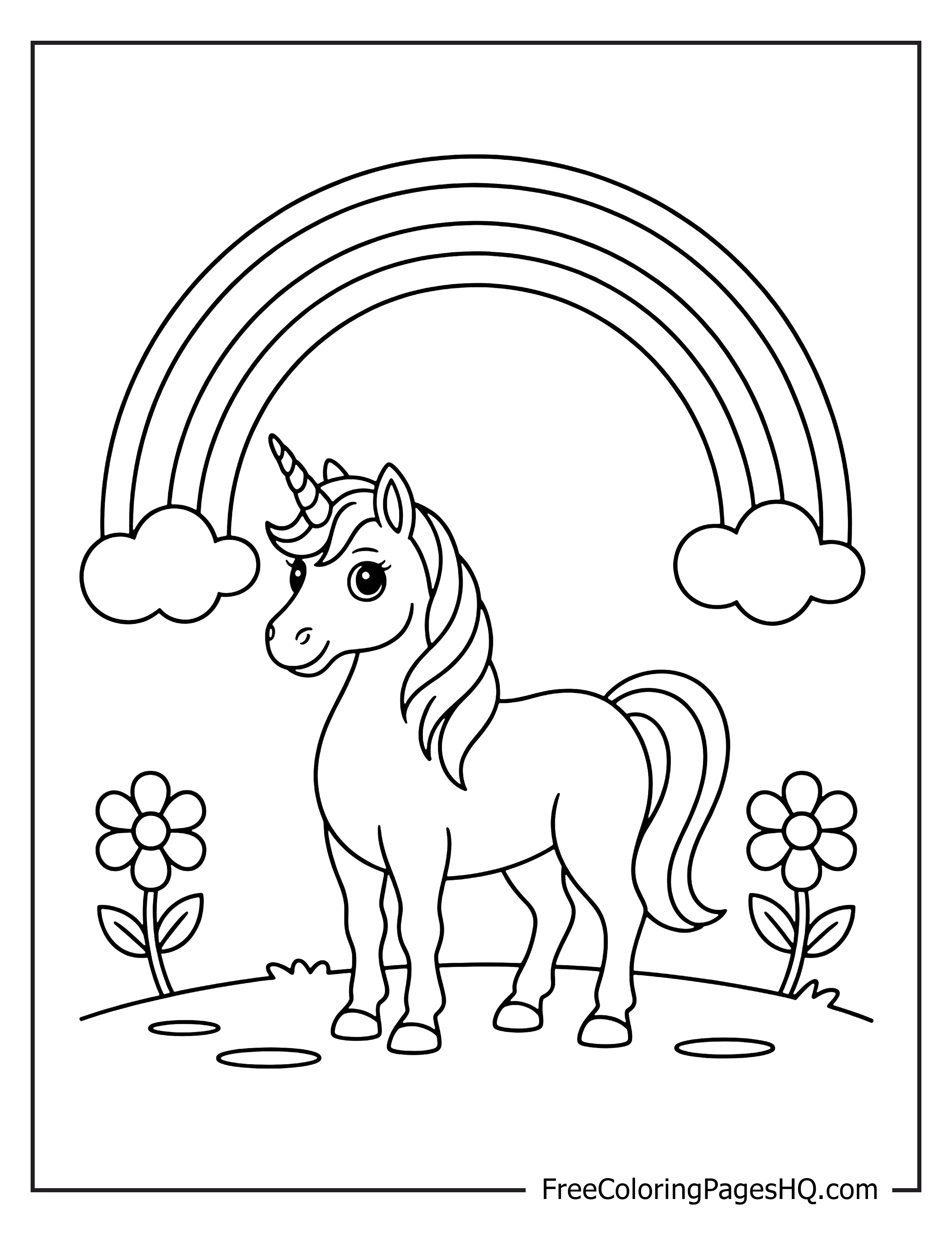 Unicorn and rainbow scene with flowers for children.