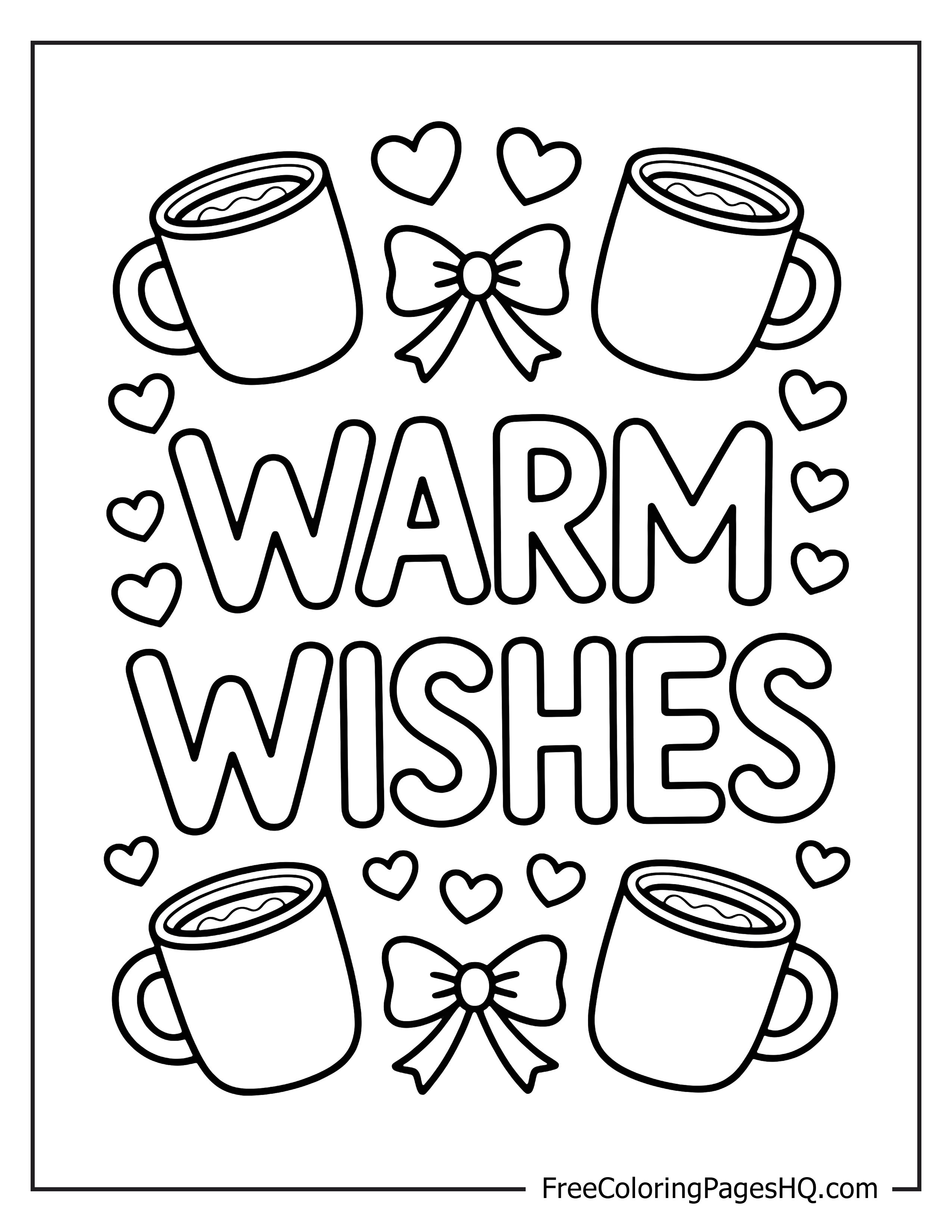 Coffee mugs with hearts and bows illustration.