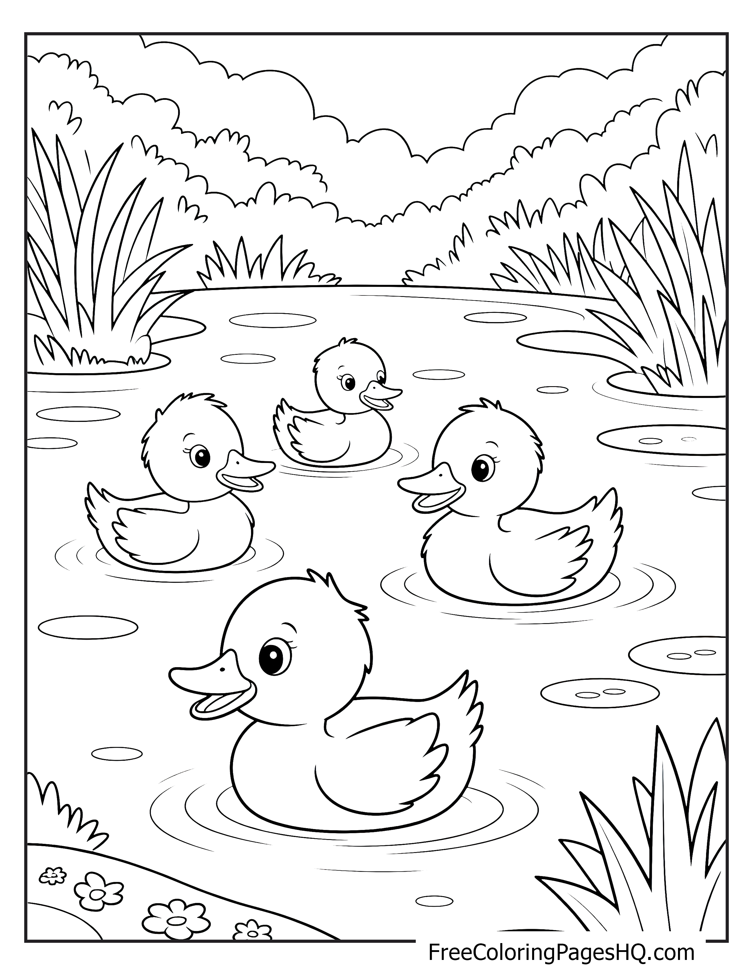 Four ducklings swim in a pond with reeds and ripples.