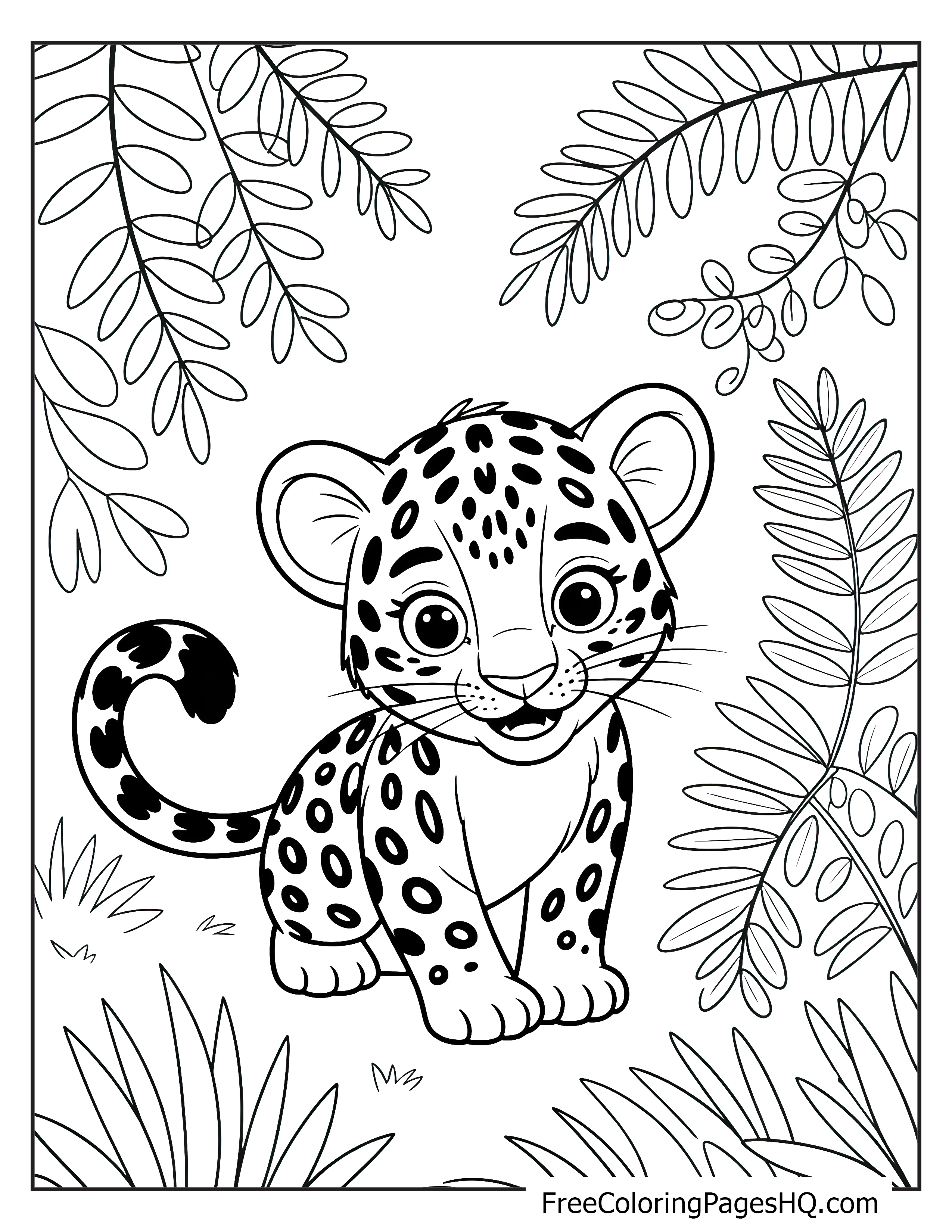 A cute leopard cub with spots sits amidst leafy jungle plants, looking playful.