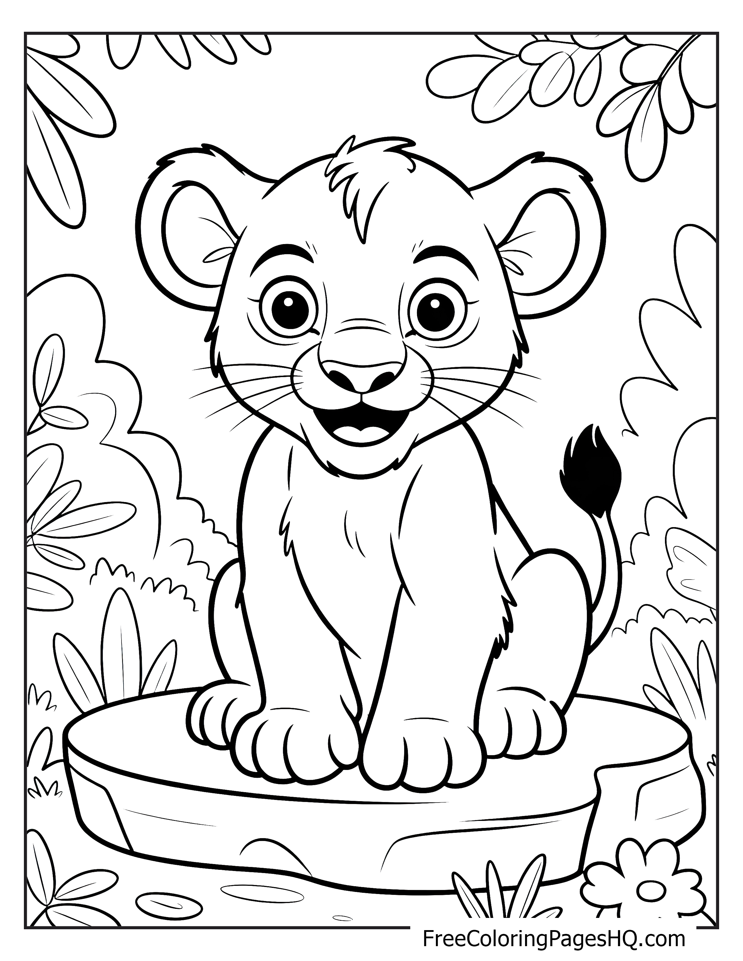 A cute lion cub with big eyes sits on a rock in the jungle.