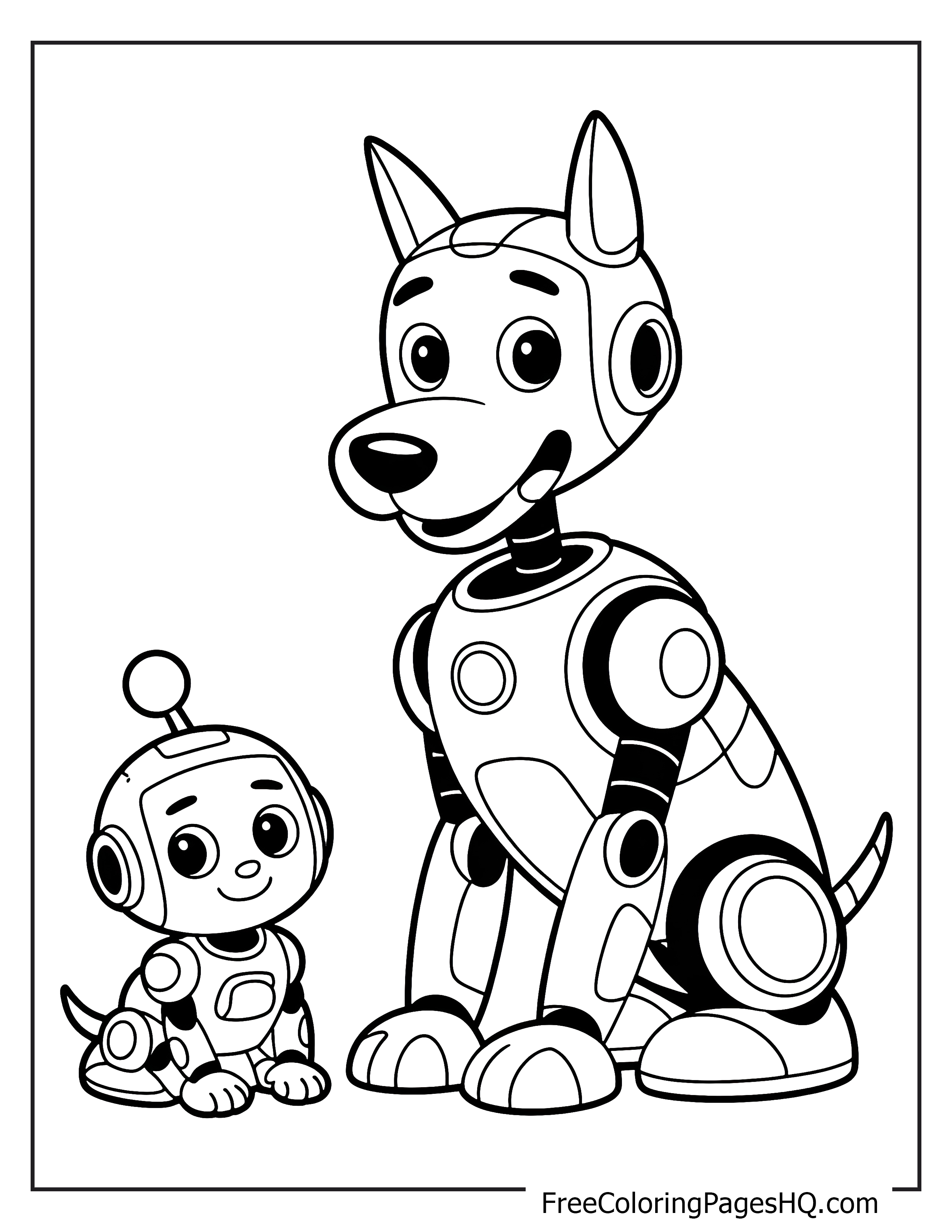 A robot puppy sits with a larger robot dog, both looking happy.