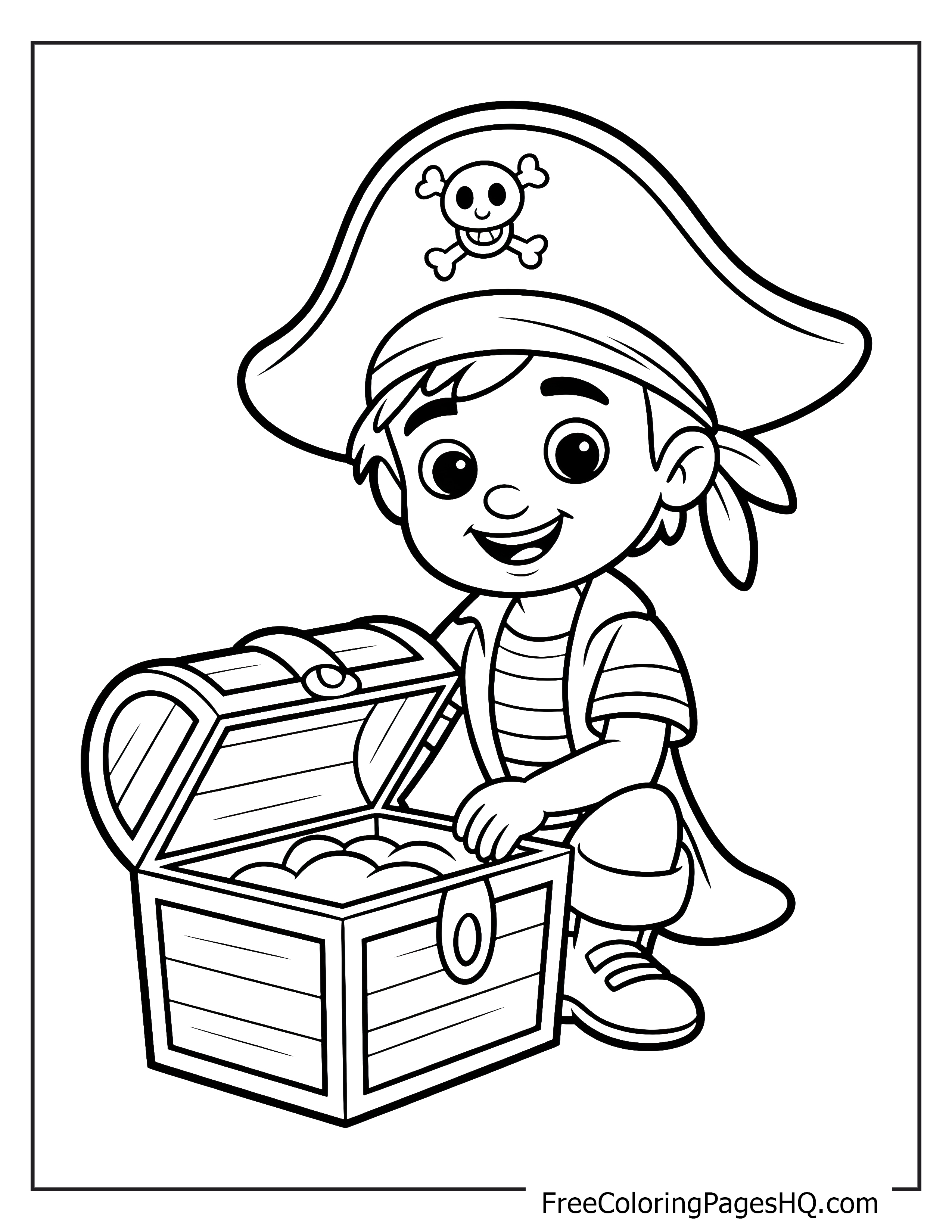 A cheerful young pirate kneels beside an open treasure chest filled with treasure, wearing a pirate hat.