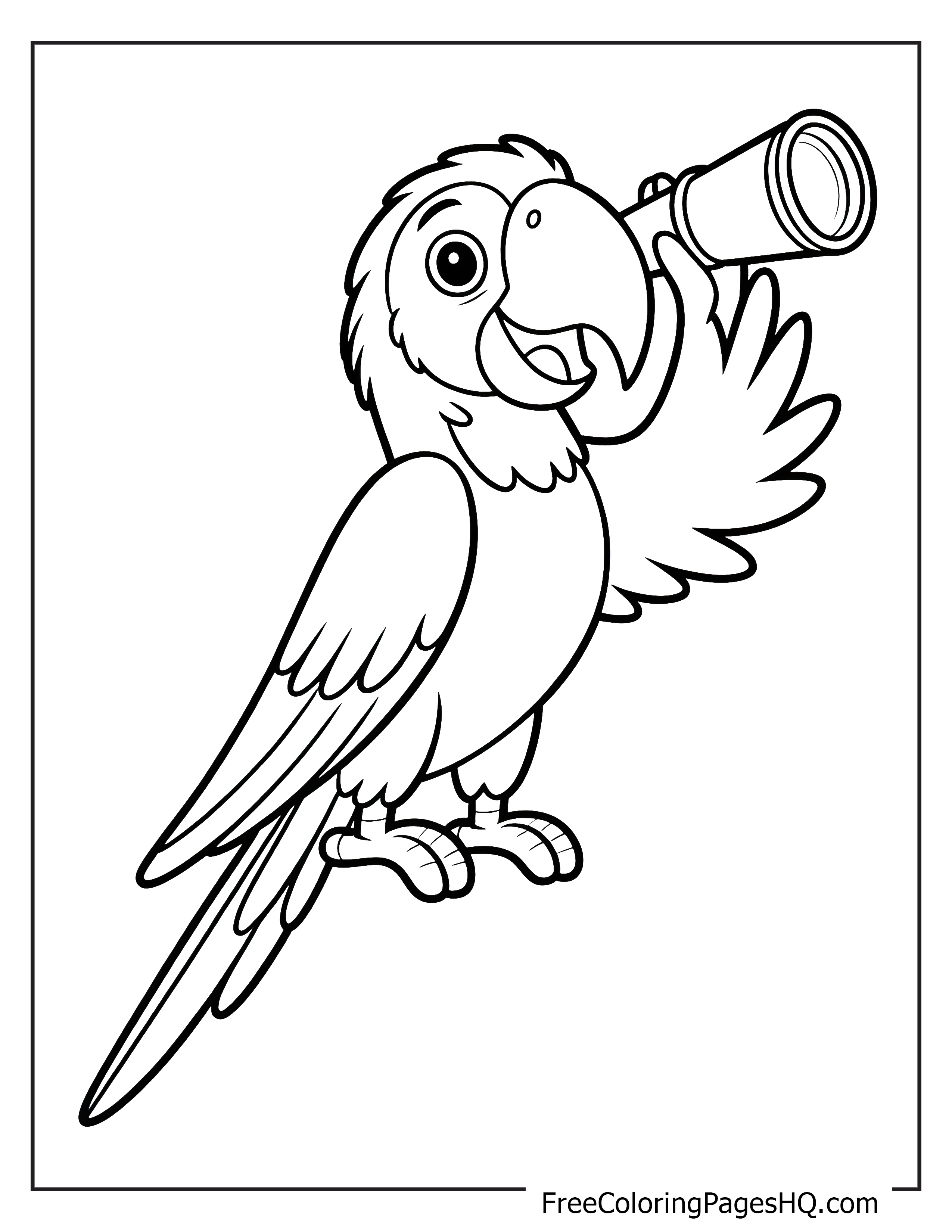 A happy parrot holding a telescope, appearing eager to explore the skies.