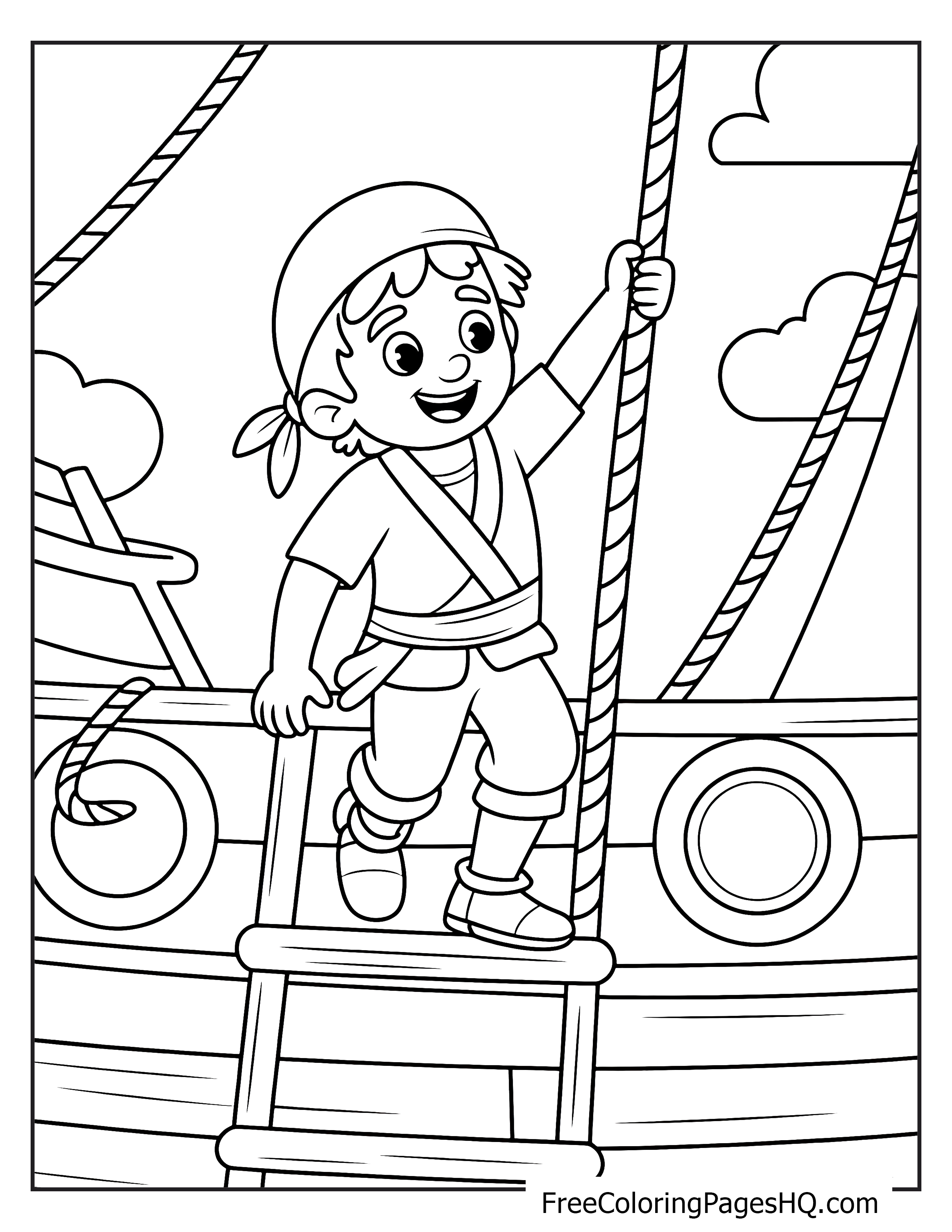 A cheerful child dressed as a pirate climbs a rope ladder on a ship.