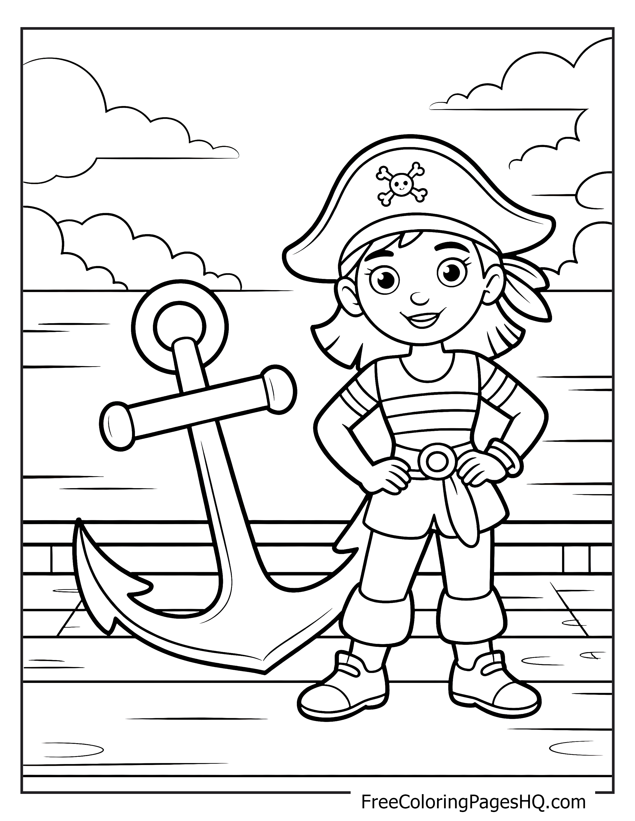 A smiling pirate girl next to an anchor on the ship's deck.