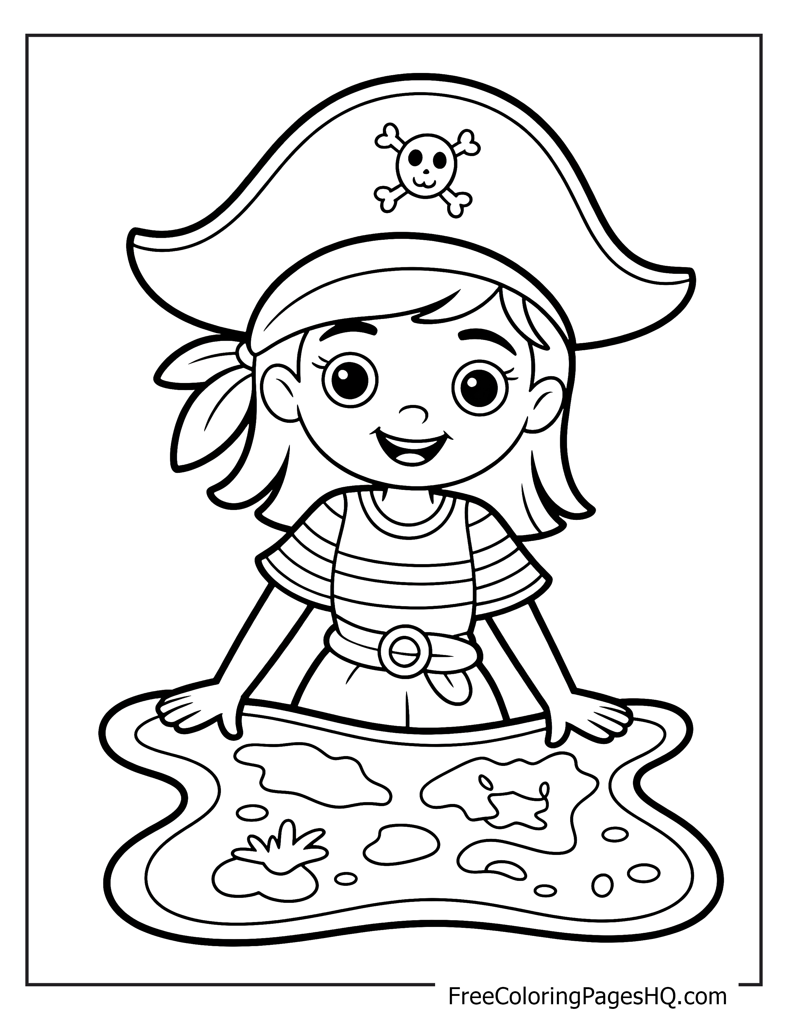 A smiling young girl dressed as a pirate looking at a treasure map.