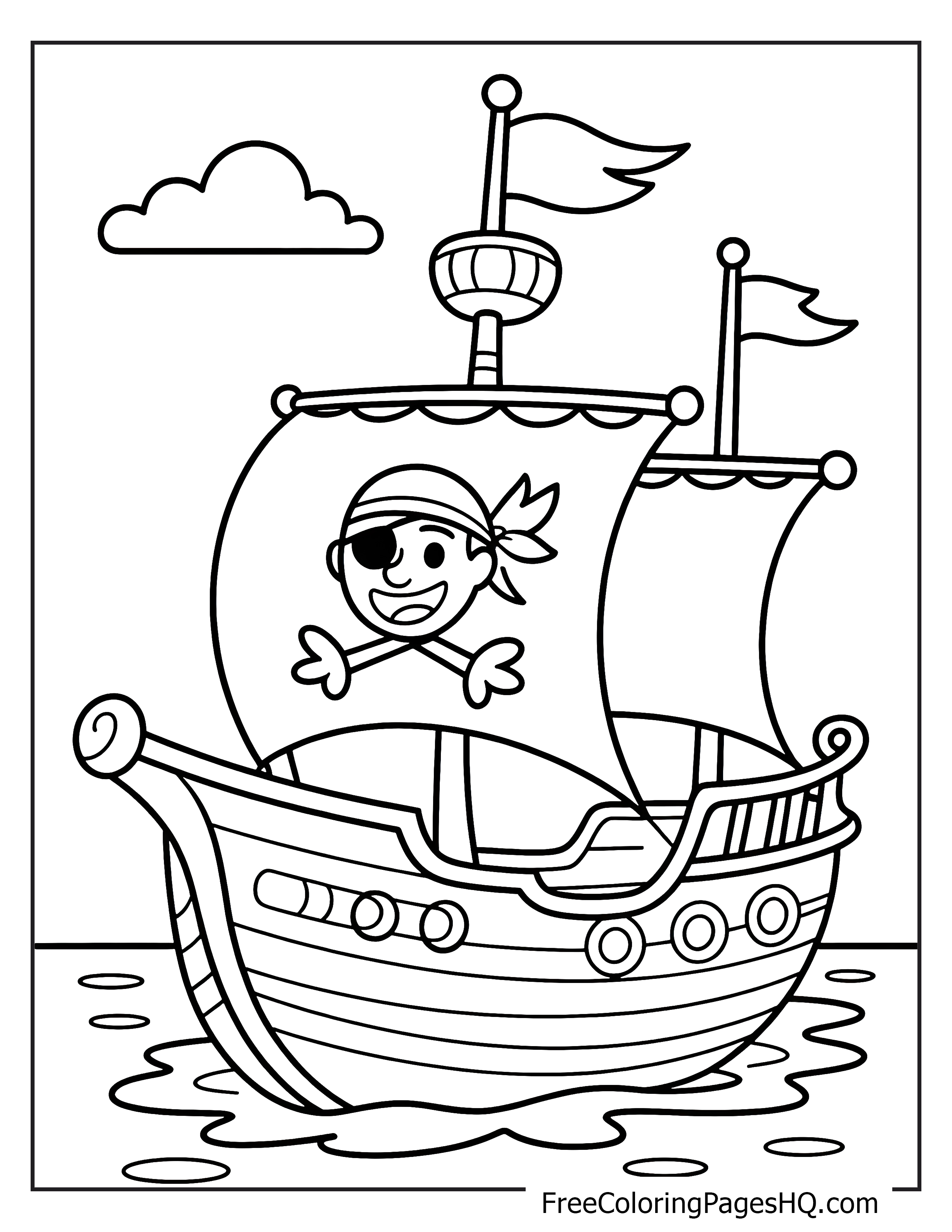 A happy pirate with an eyepatch waves from a ship with flags.