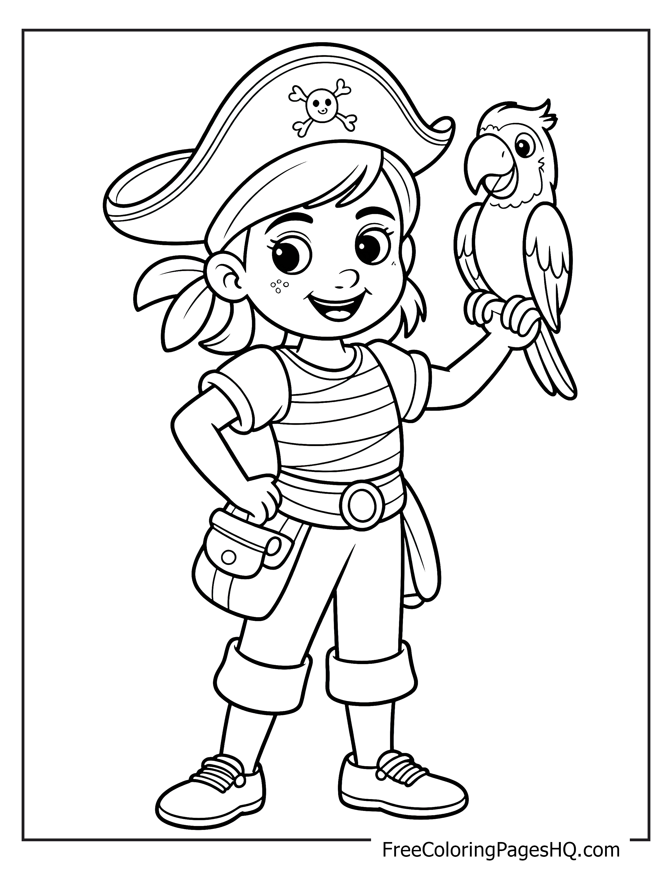 A smiling young pirate girl with a parrot on her arm.