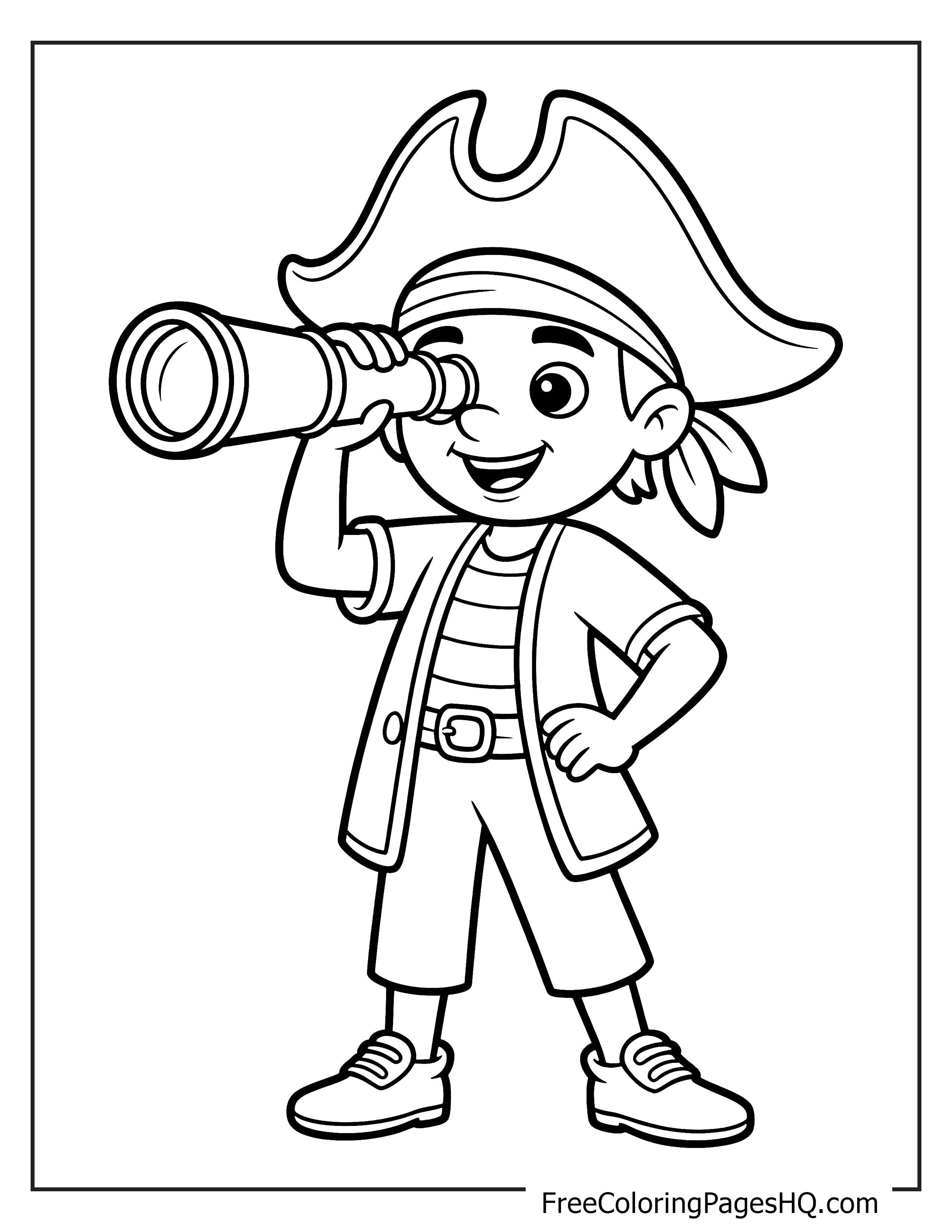 A smiling young pirate looks through a spyglass, dressed in classic pirate attire.