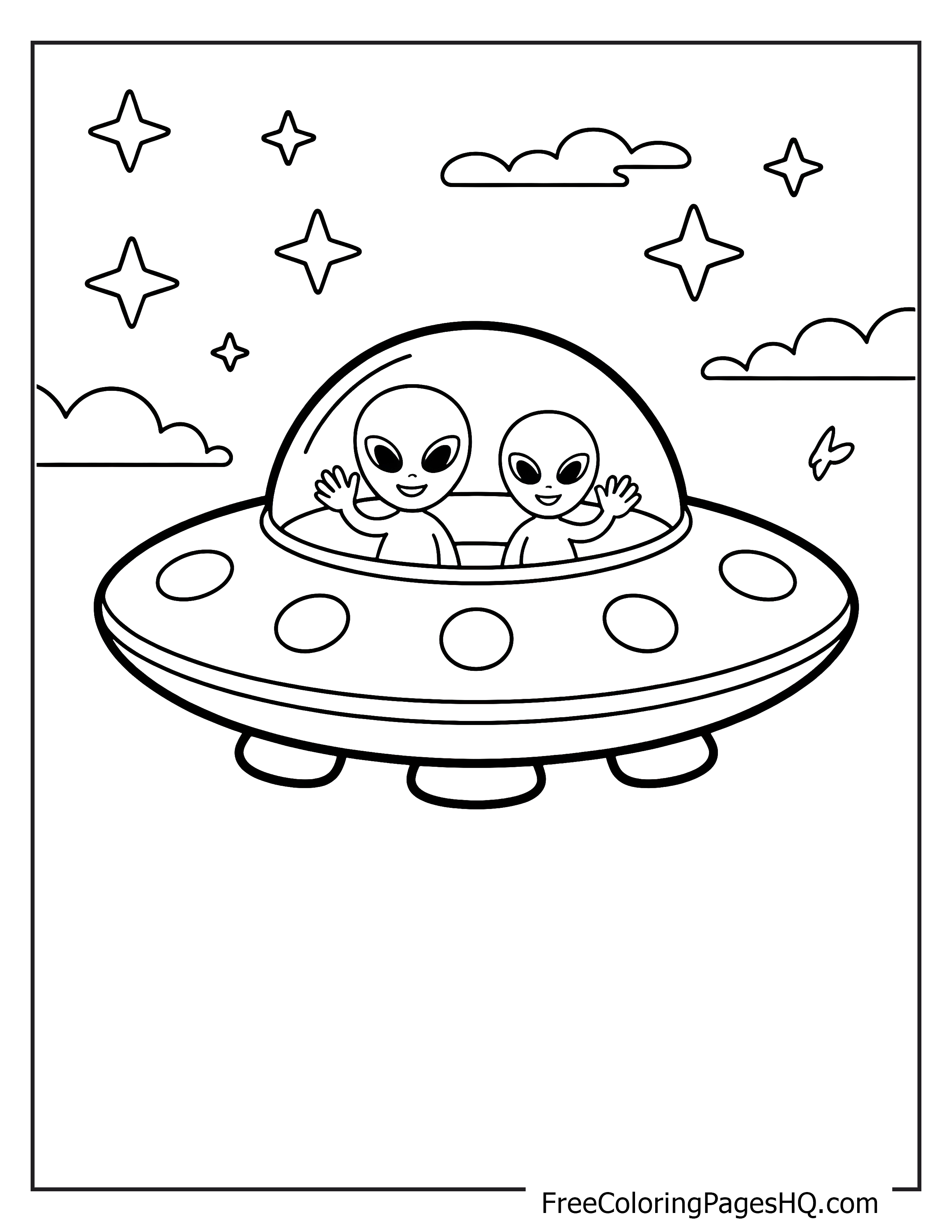 Happy aliens onboard a spaceship in space.