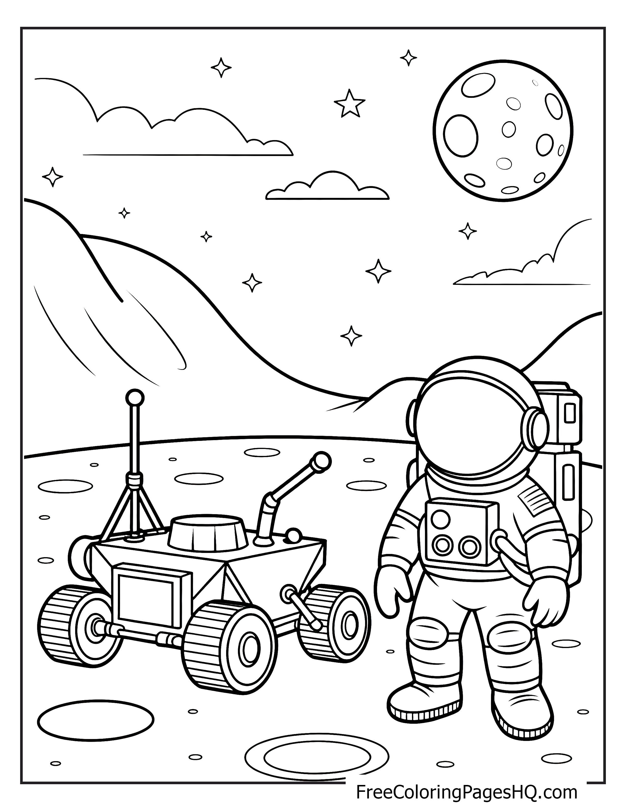 Astronaut with moon rover under a starry sky.