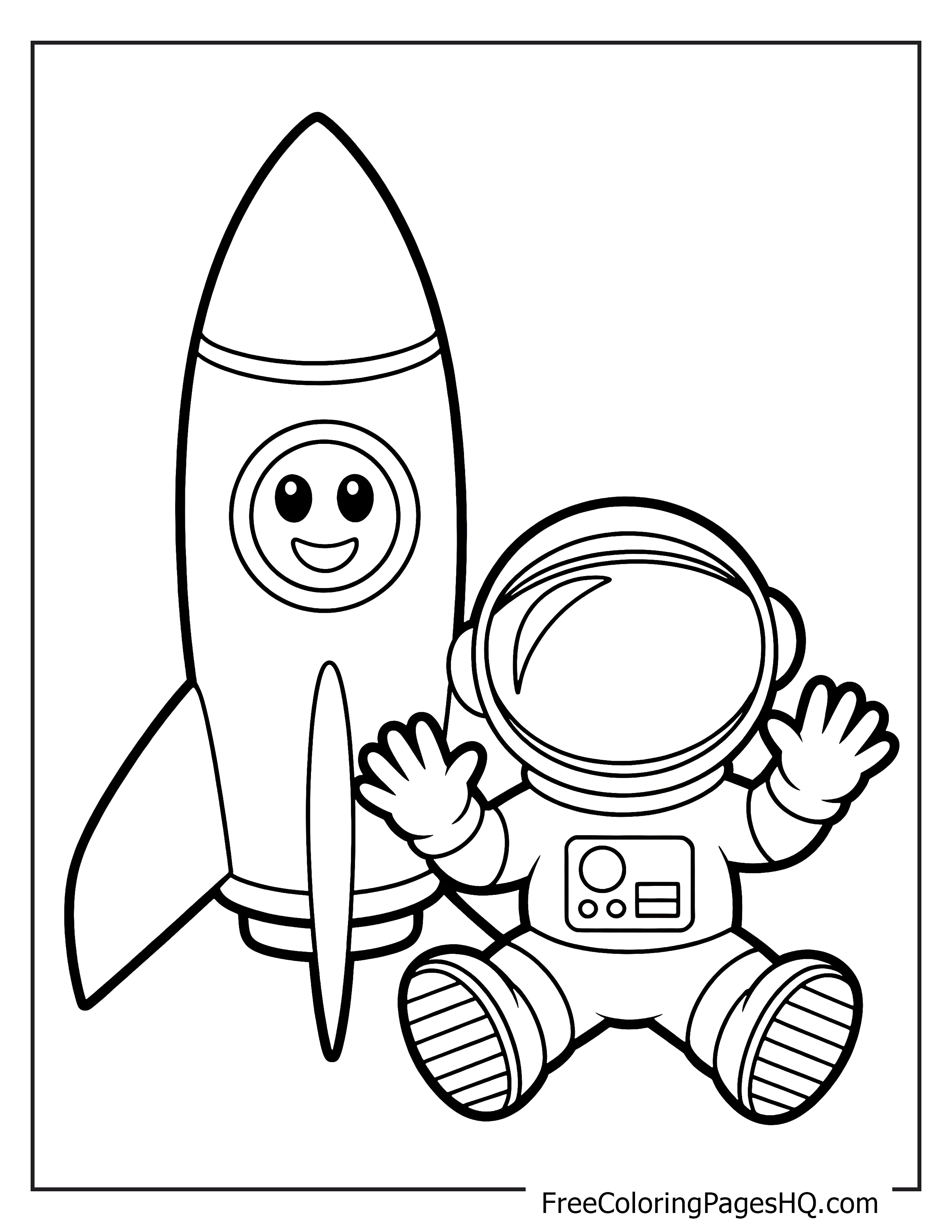 Astronaut sitting next to a friendly rocket illustration.