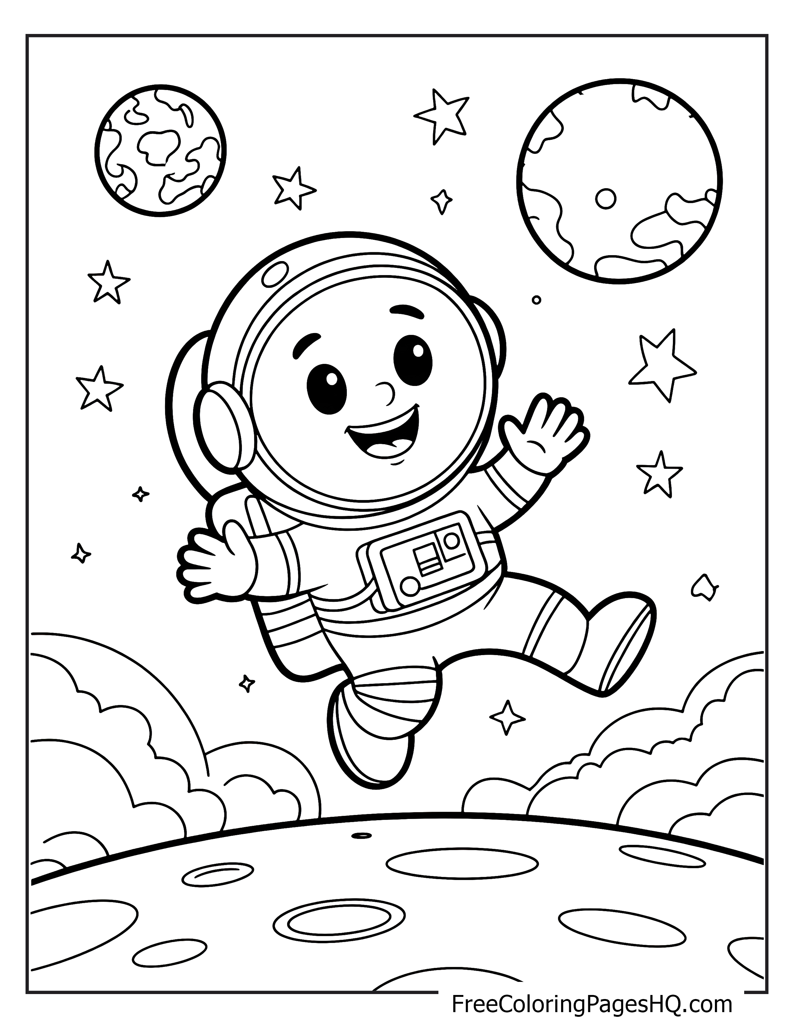 Smiling astronaut floating among stars and planets.