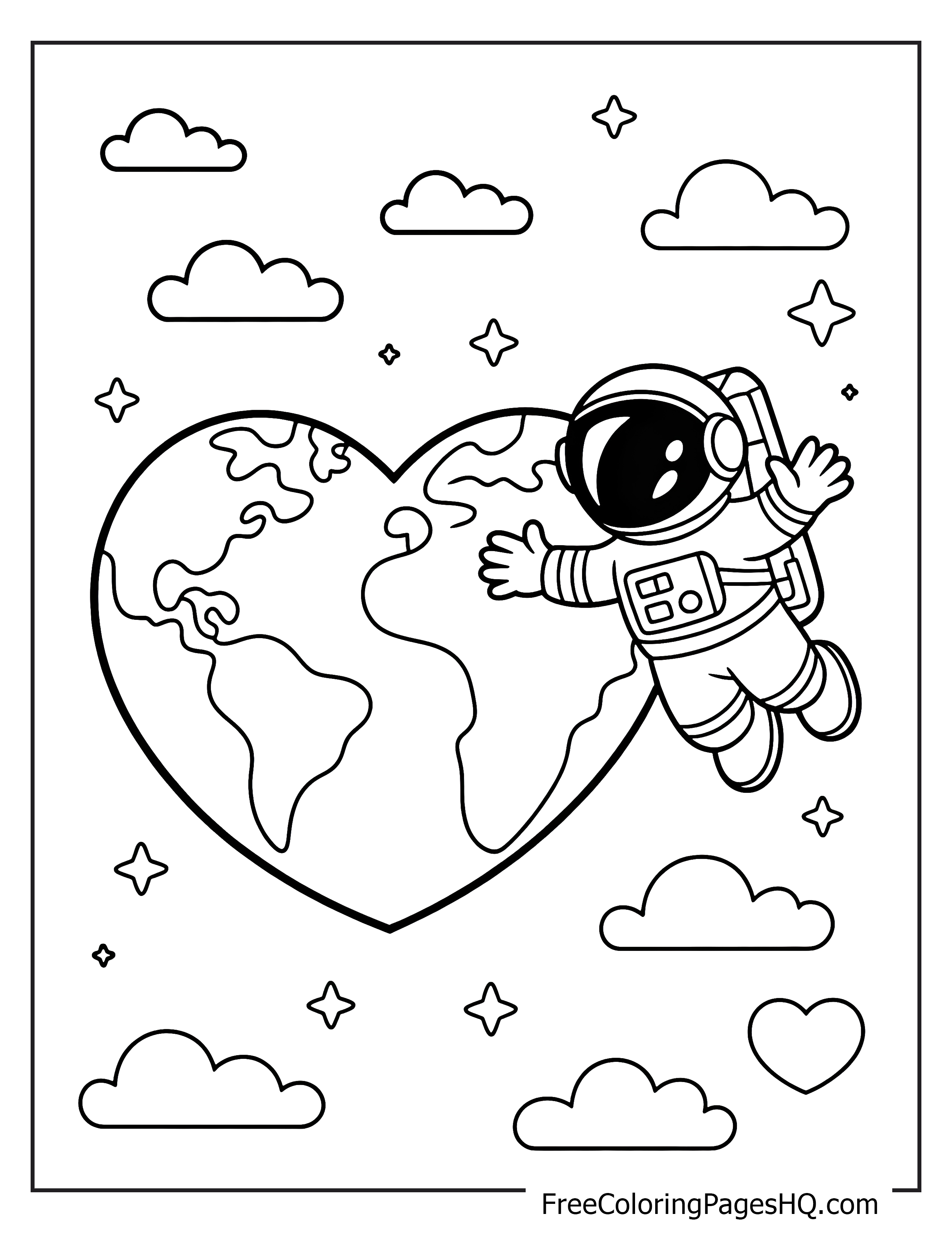 Astronaut and heart-shaped Earth with stars and clouds.