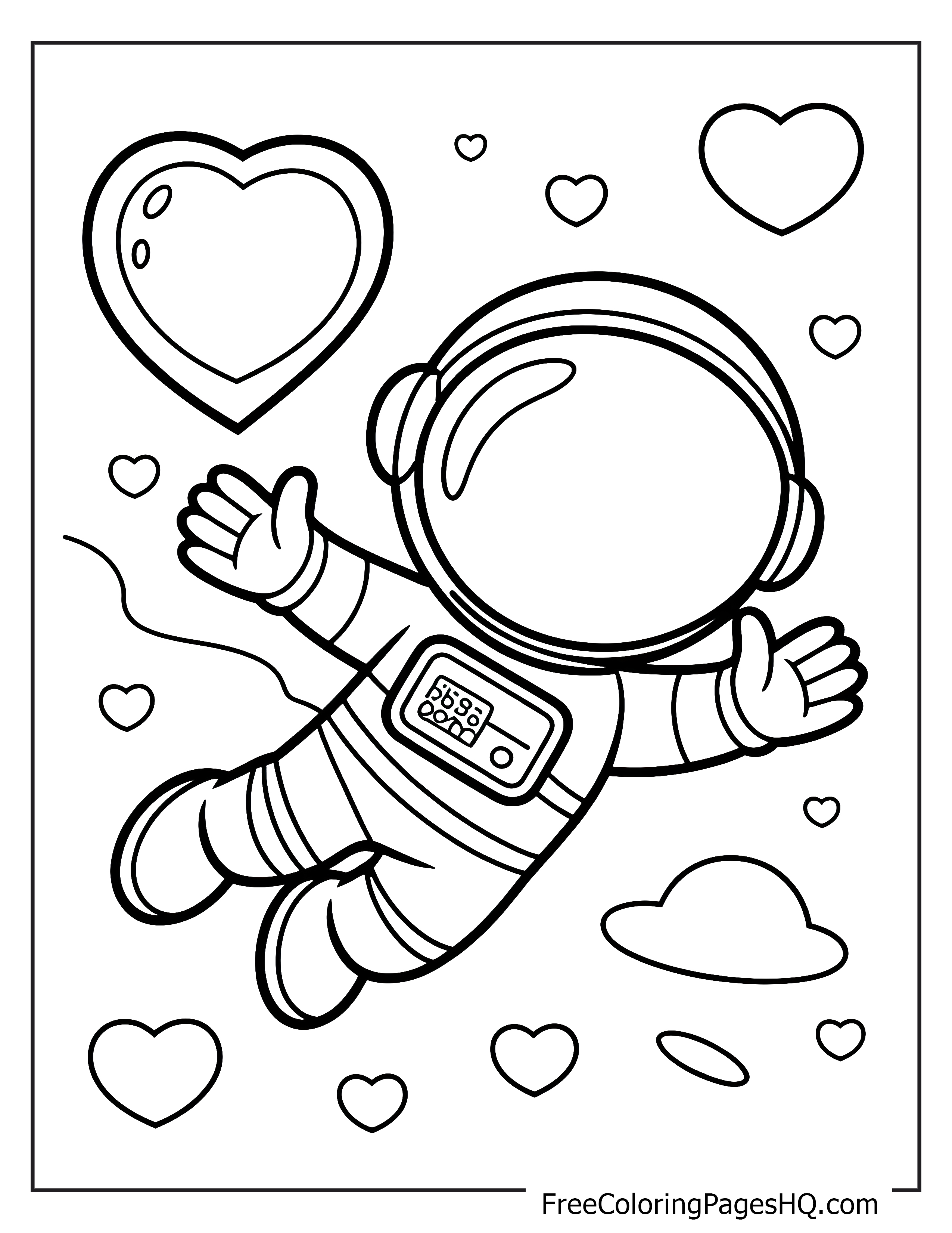 Astronaut surrounded by hearts and clouds in space.