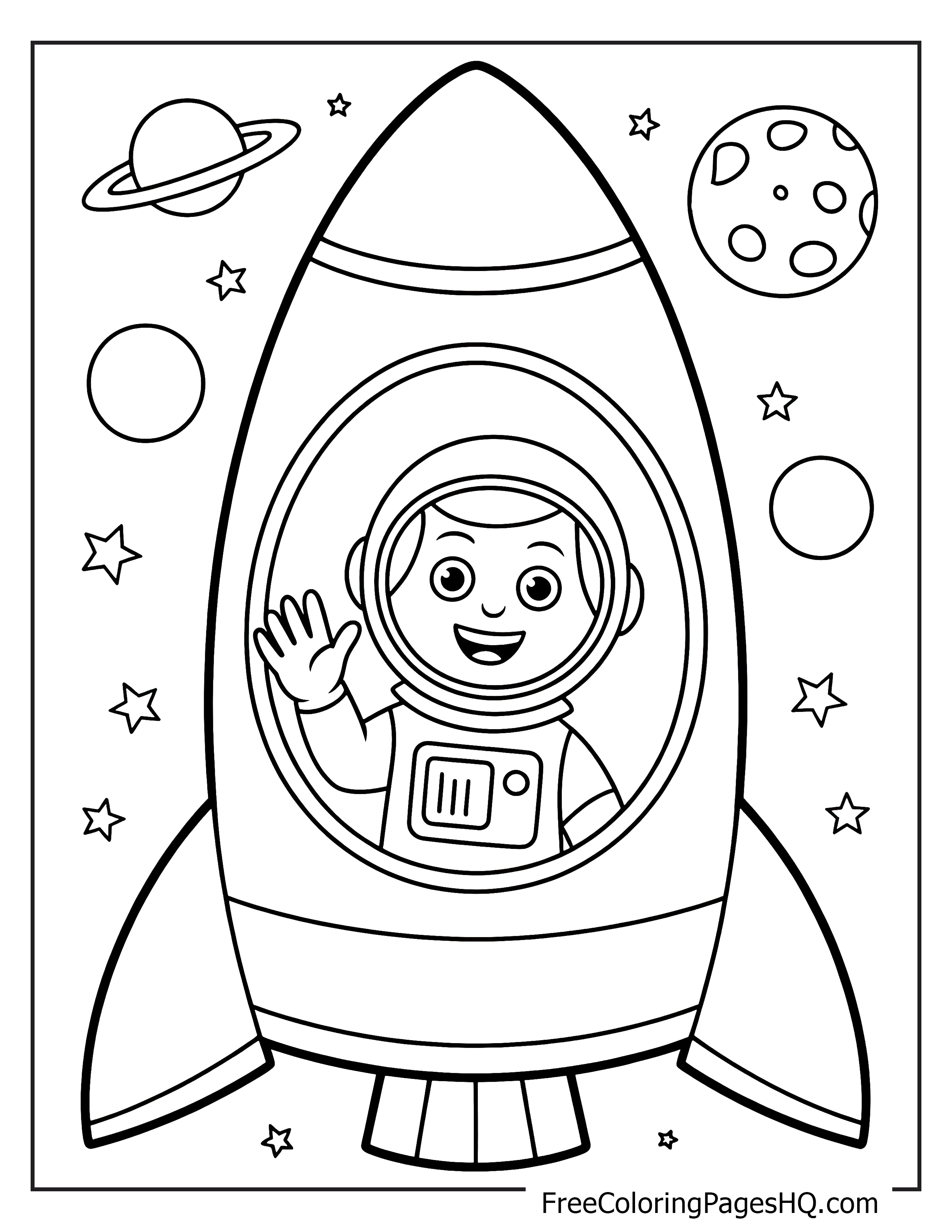 Astronaut waving from a rocket surrounded by planets and stars.