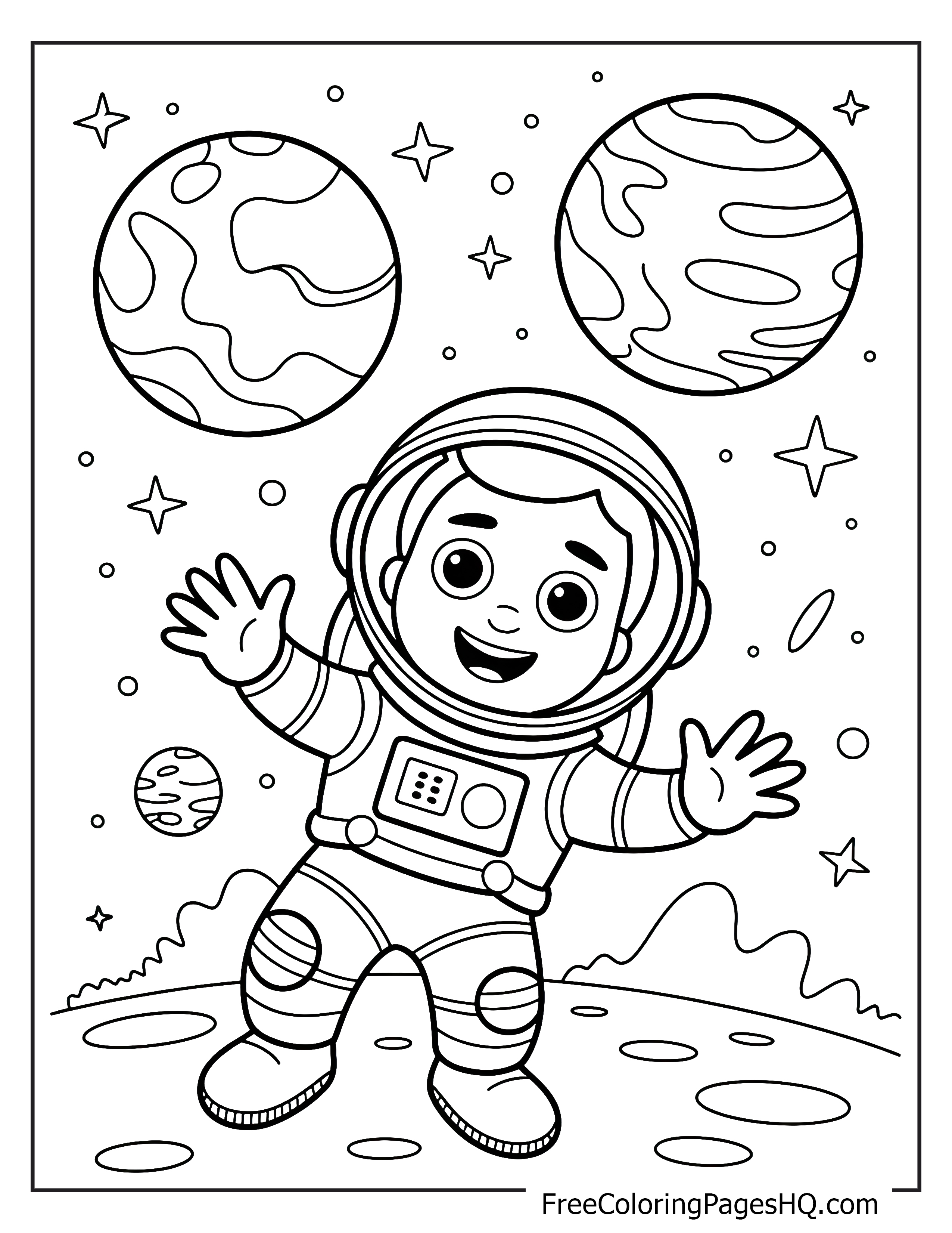 Happy astronaut exploring space with planets and stars.