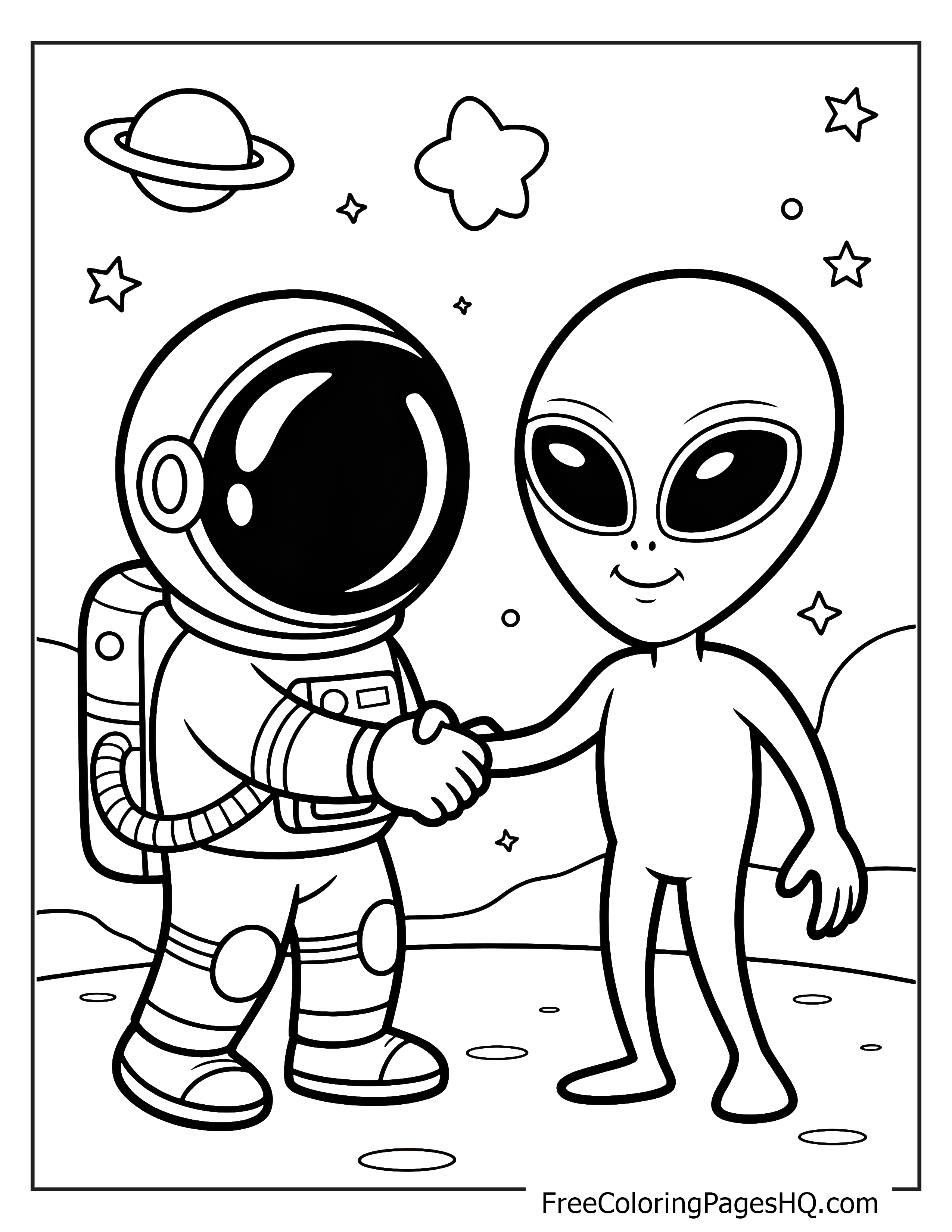 Astronaut and alien scene with stars and planet.