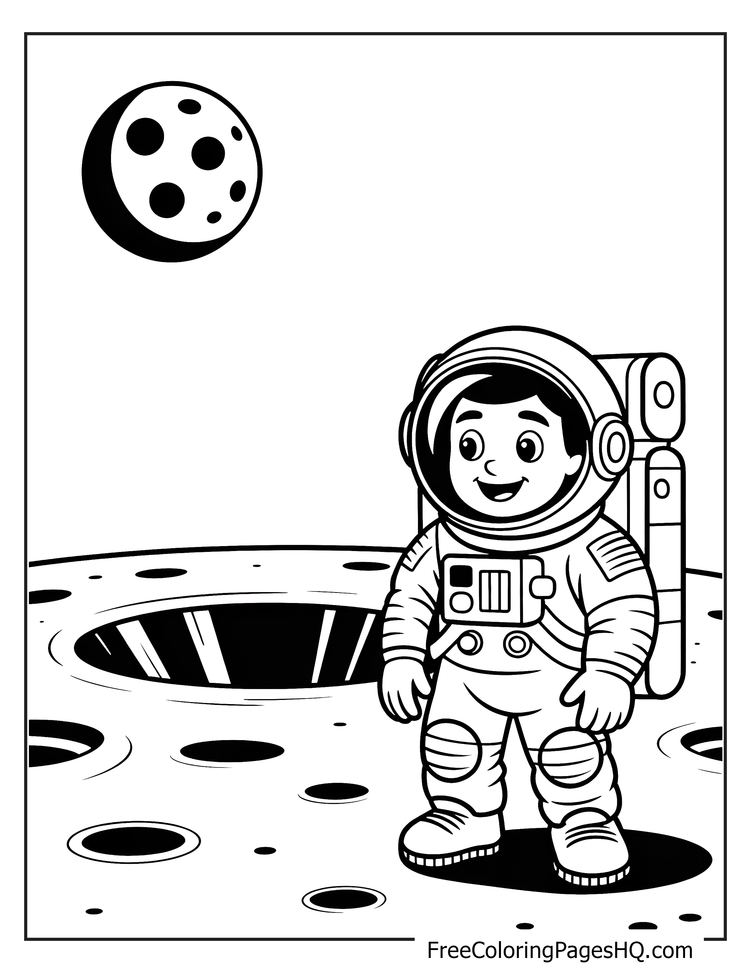 Illustration of an astronaut exploring the moon with craters.