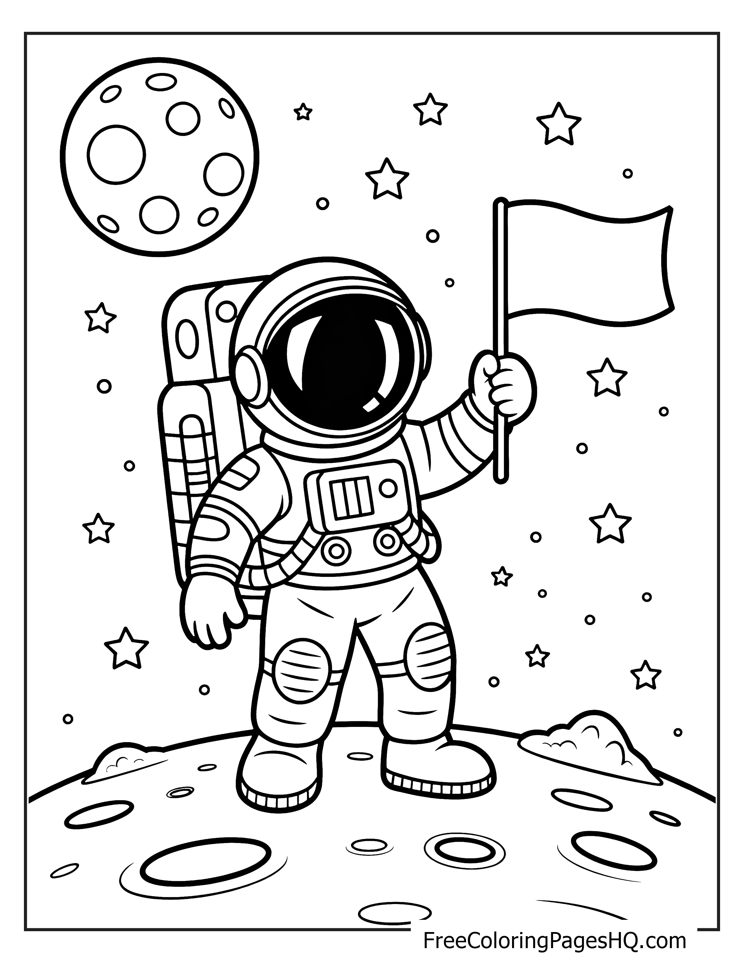 Astronaut standing on the moon surrounded by stars.