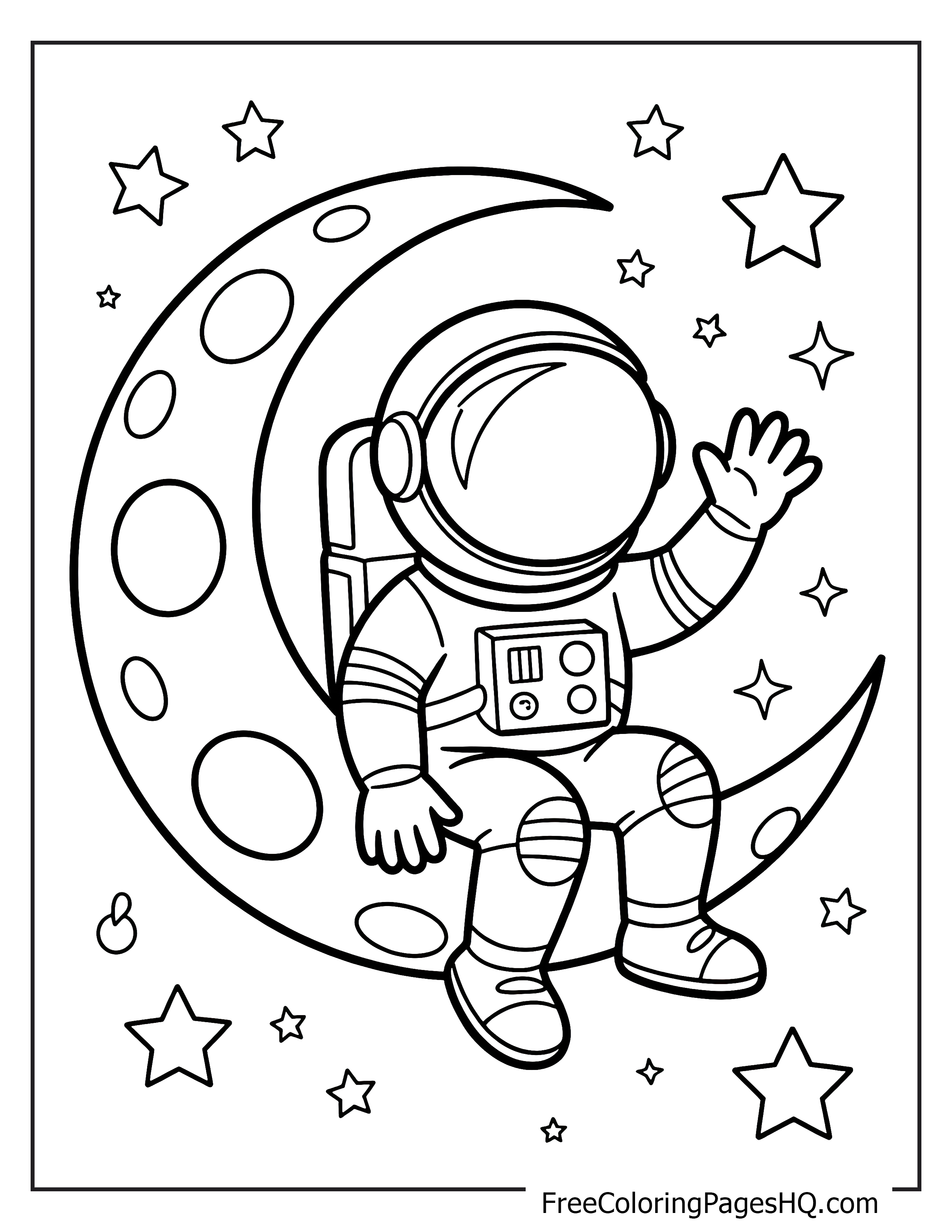 Astronaut sitting on a crescent moon in space.