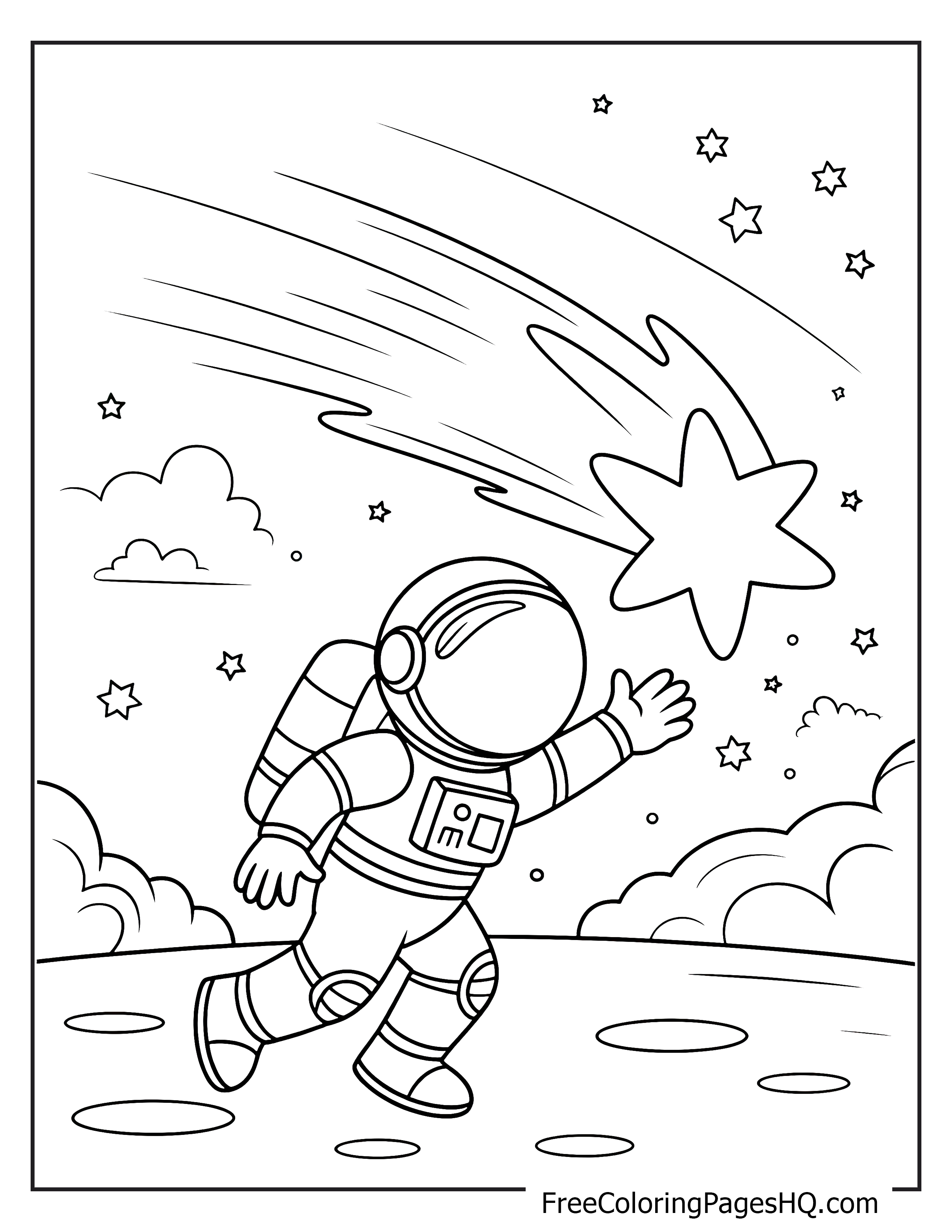 Astronaut reaching for a shooting star in outer space.