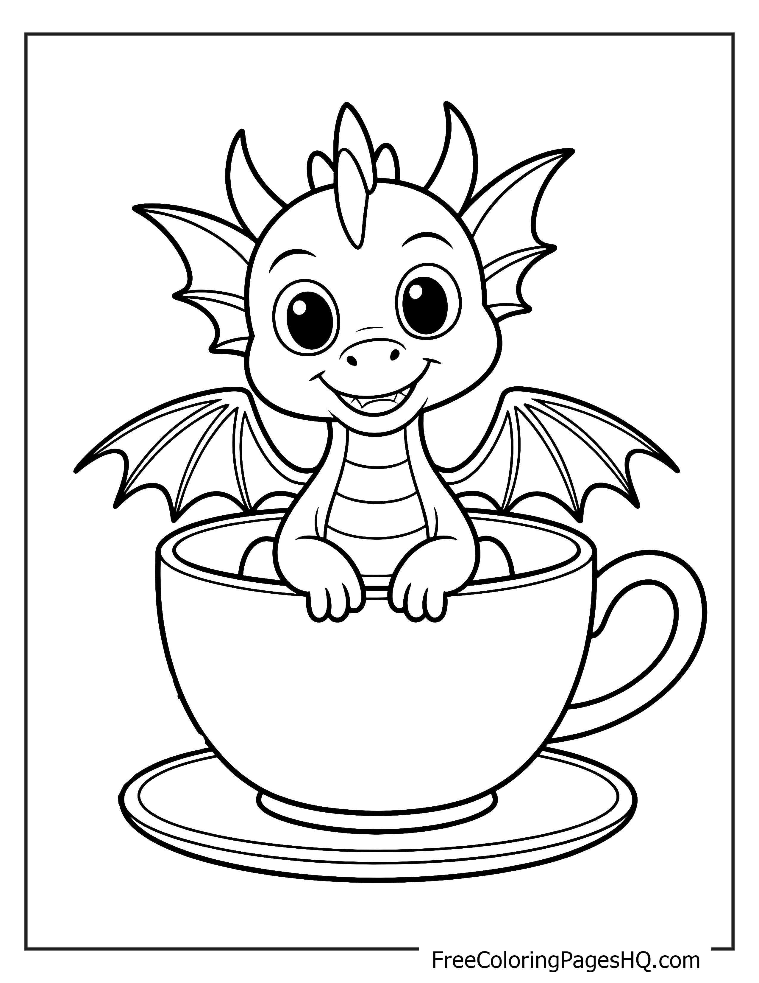 Adorable baby dragon sitting inside a teacup illustration.